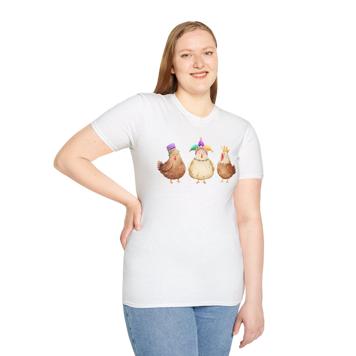 Throuple Chicken T-Shirt | Polyamory ENM Pride Tee | Cute Mardi Gras Chickens Graphic Shirt | Chosen Family Swinger Lifestyle Apparel