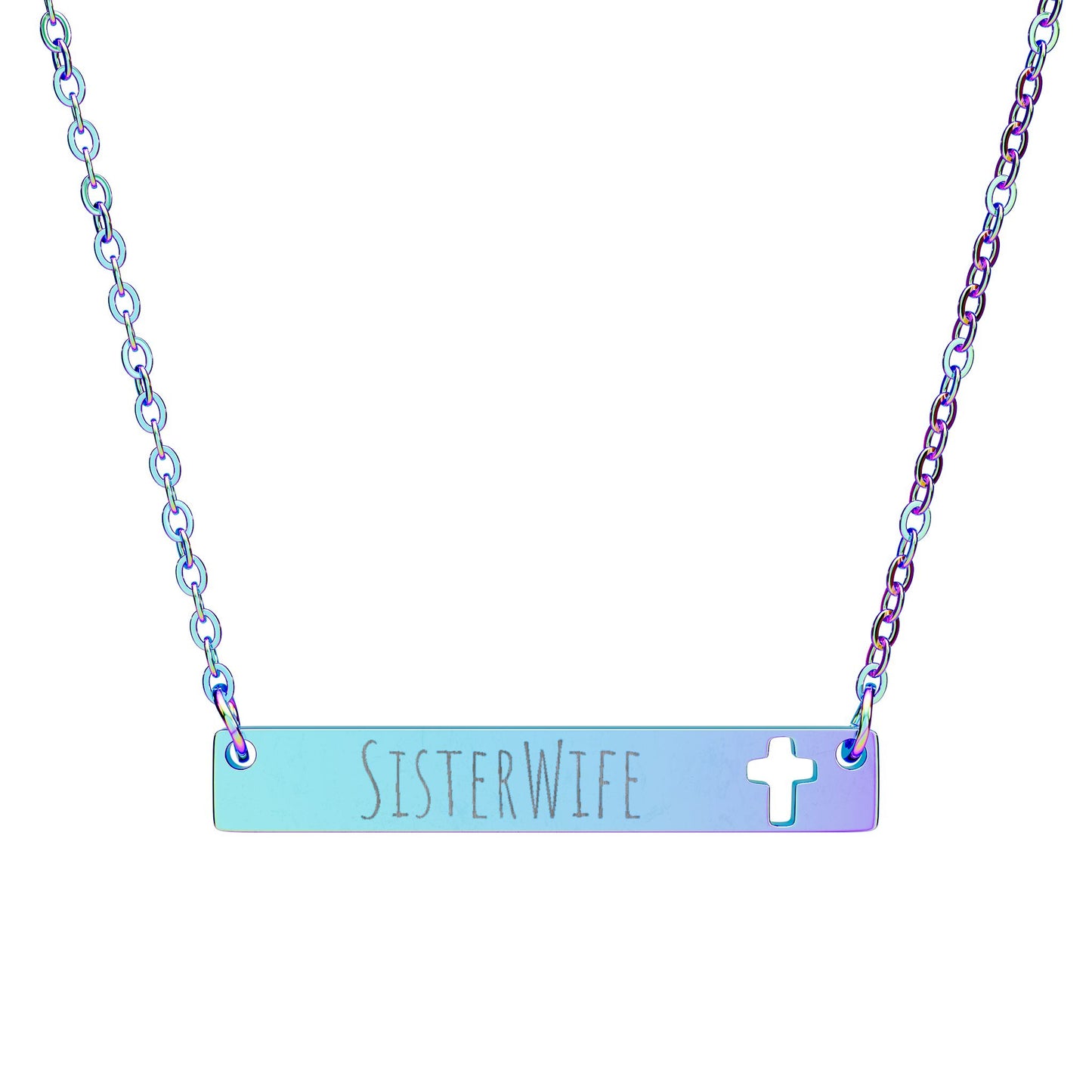 Cutout Cross Bar Necklace | Engraved Sister Wife Nameplate | Faith-Inspired Stainless Steel Bar Necklace | Minimal Jewelry Gift
