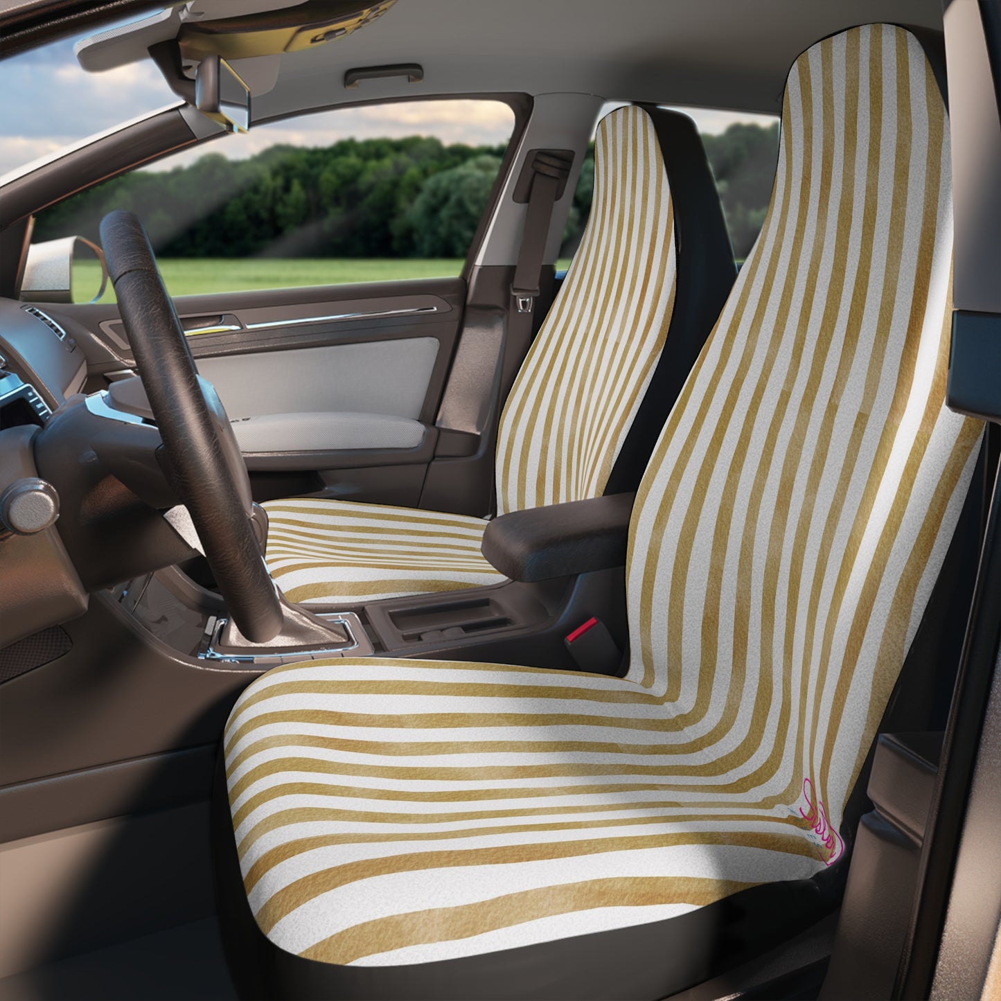 Natural Brown Stripe Car Seat Covers – Minimalist Boho Auto Decor | Polyamory & ENM Friendly