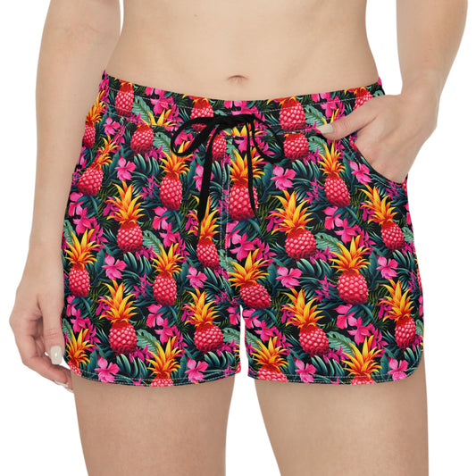 Pink Pineapple Sisterwives Floral Women's Casual Shorts, Summer Beachwear, Vacation Shorts, Cute Lounge Shorts, Pineapple Print Shorts