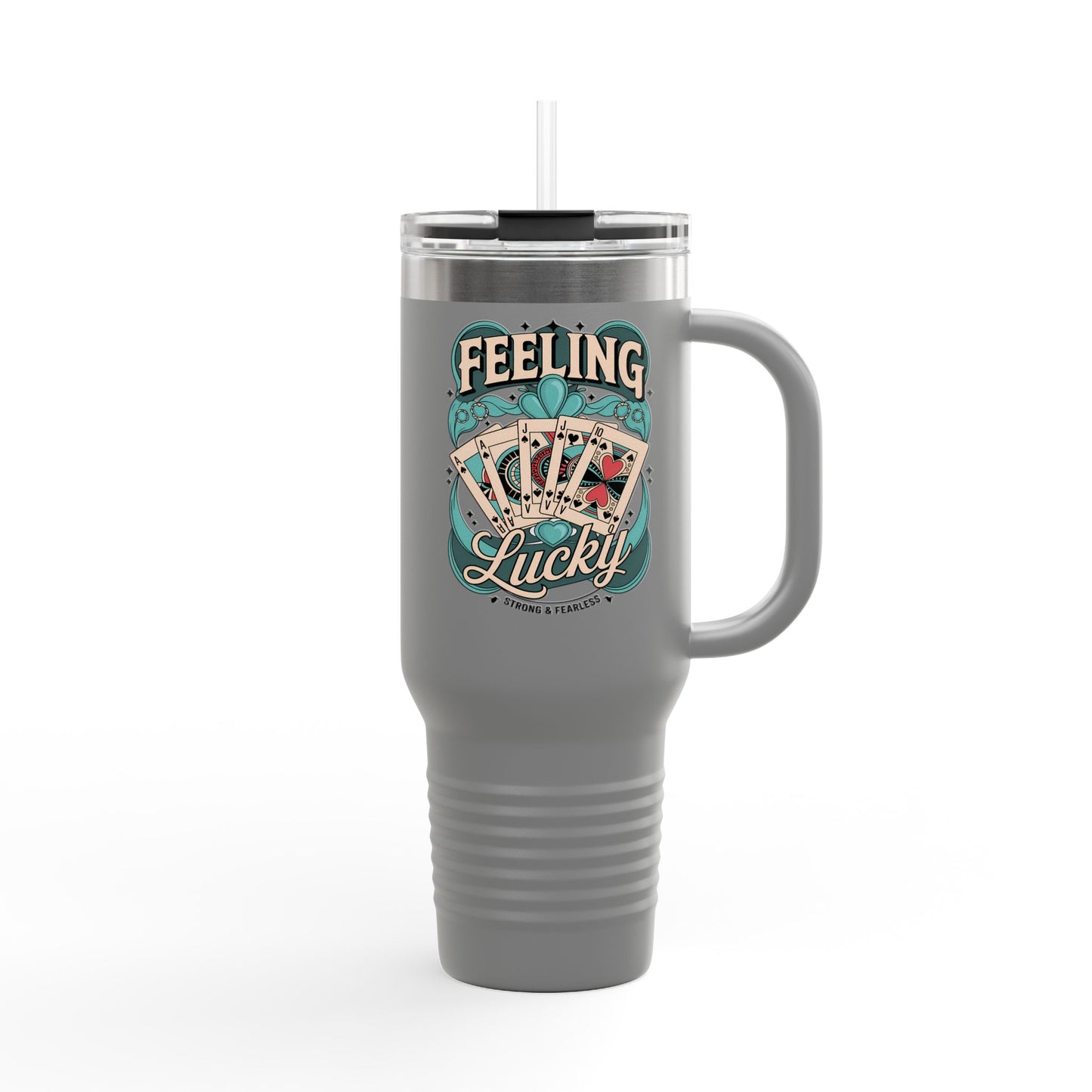 Feeling Lucky 40oz Insulated Travel Mug – Vintage Playing Card Lucky Charm Tumbler with Straw | Stainless Steel BPA-Free Cup