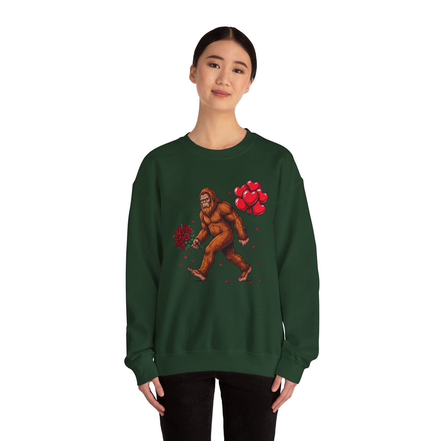 Bigfoot with Flowers Crewneck Sweatshirt | Sasquatch Valentine Pullover | Whimsical Cryptid Love Sweatshirt | Cozy Forest Aesthetic Apparel