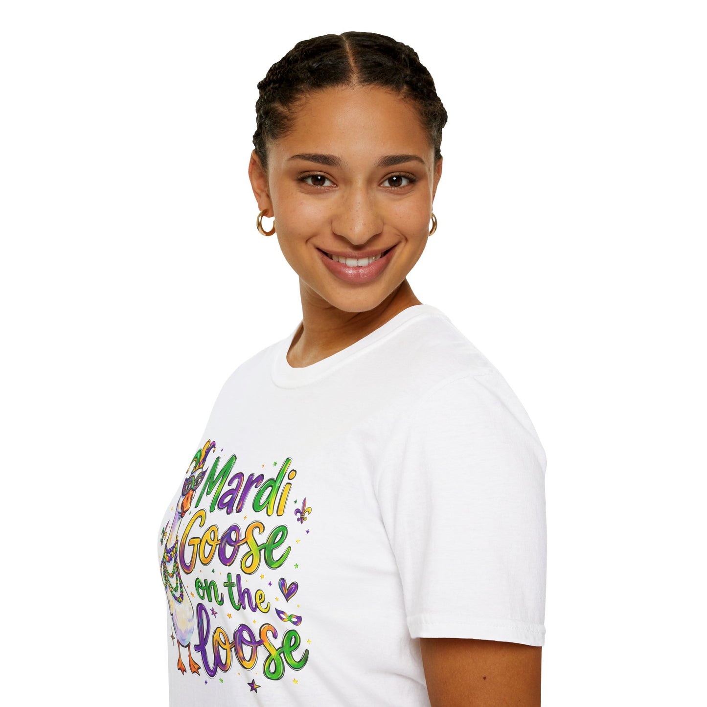 Mardi Goose on the Loose Shirt – Funny Mardi Gras Goose T-Shirt, Polyamory ENM Non-Monogamy Carnival Tee, Unisex Gildan 64000