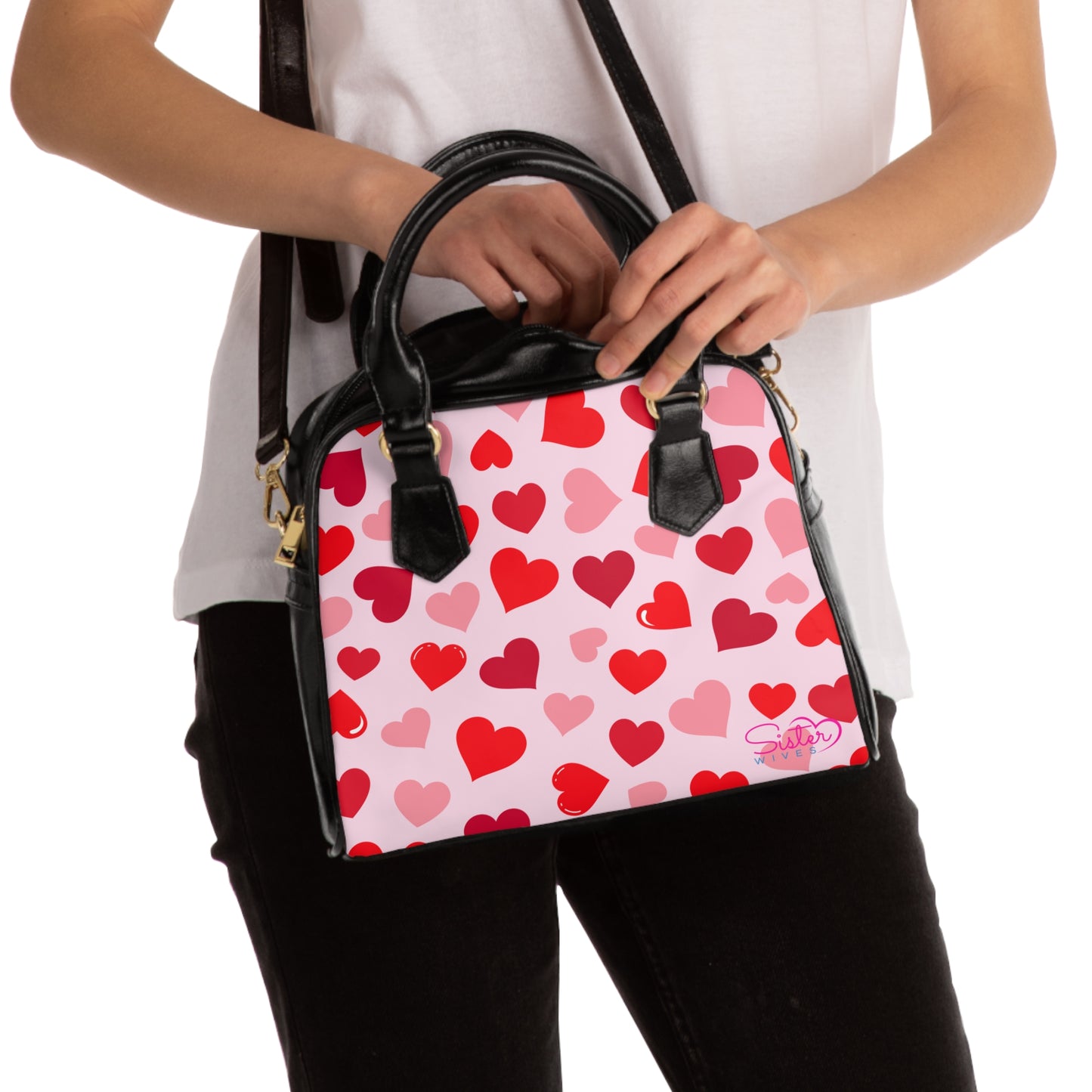 Light Pink Valentine’s Heart Print Shoulder Handbag – Love-Themed PU Leather Purse, Polyamory & ENM Friendly Gift, Swinger Lifestyle Fashion Bag