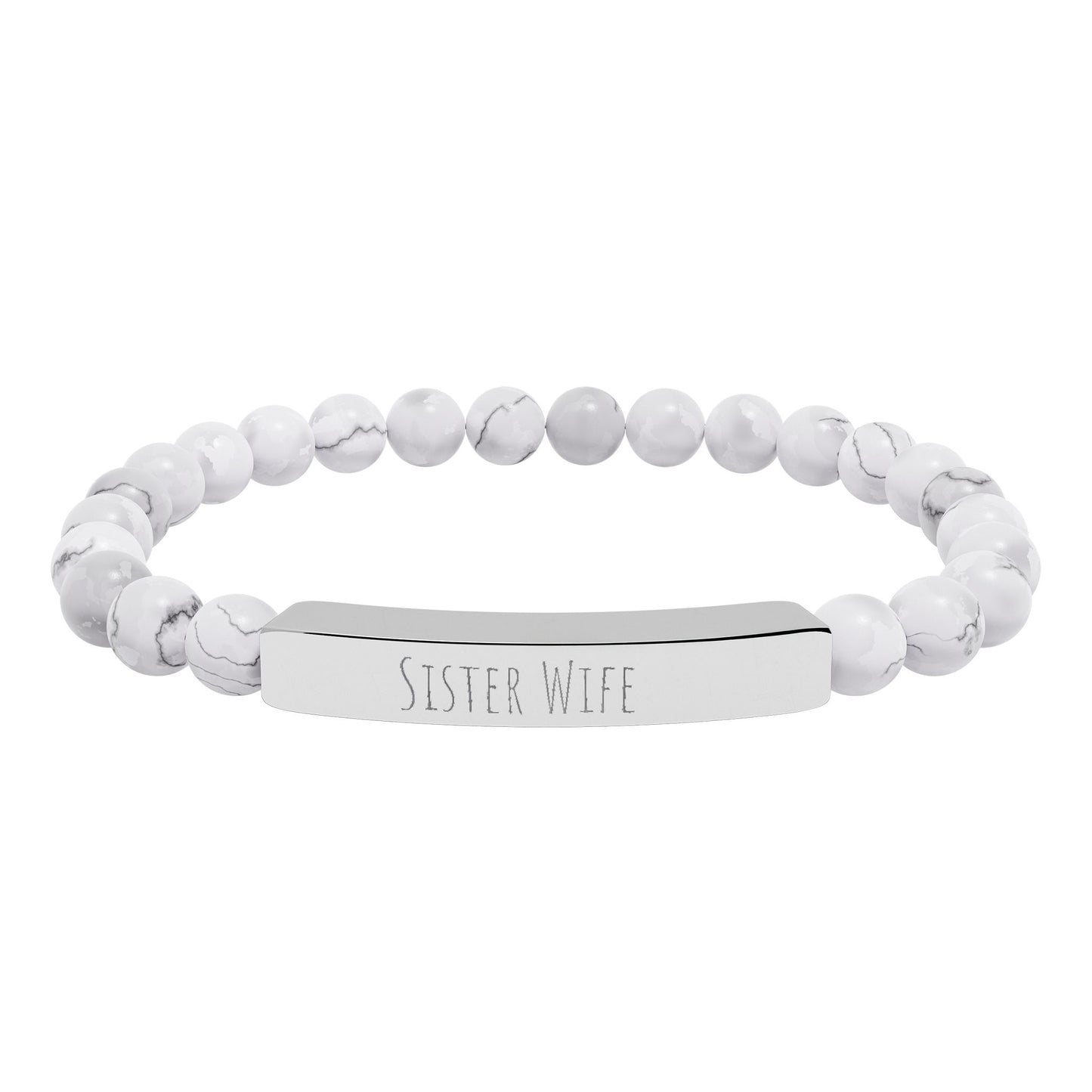 Sister Wife Natural Stone Stretch Bar Bracelet – Engraved Stainless Steel ID Bracelet, Polyamory & ENM Jewelry, Minimalist Relationship Bracelet