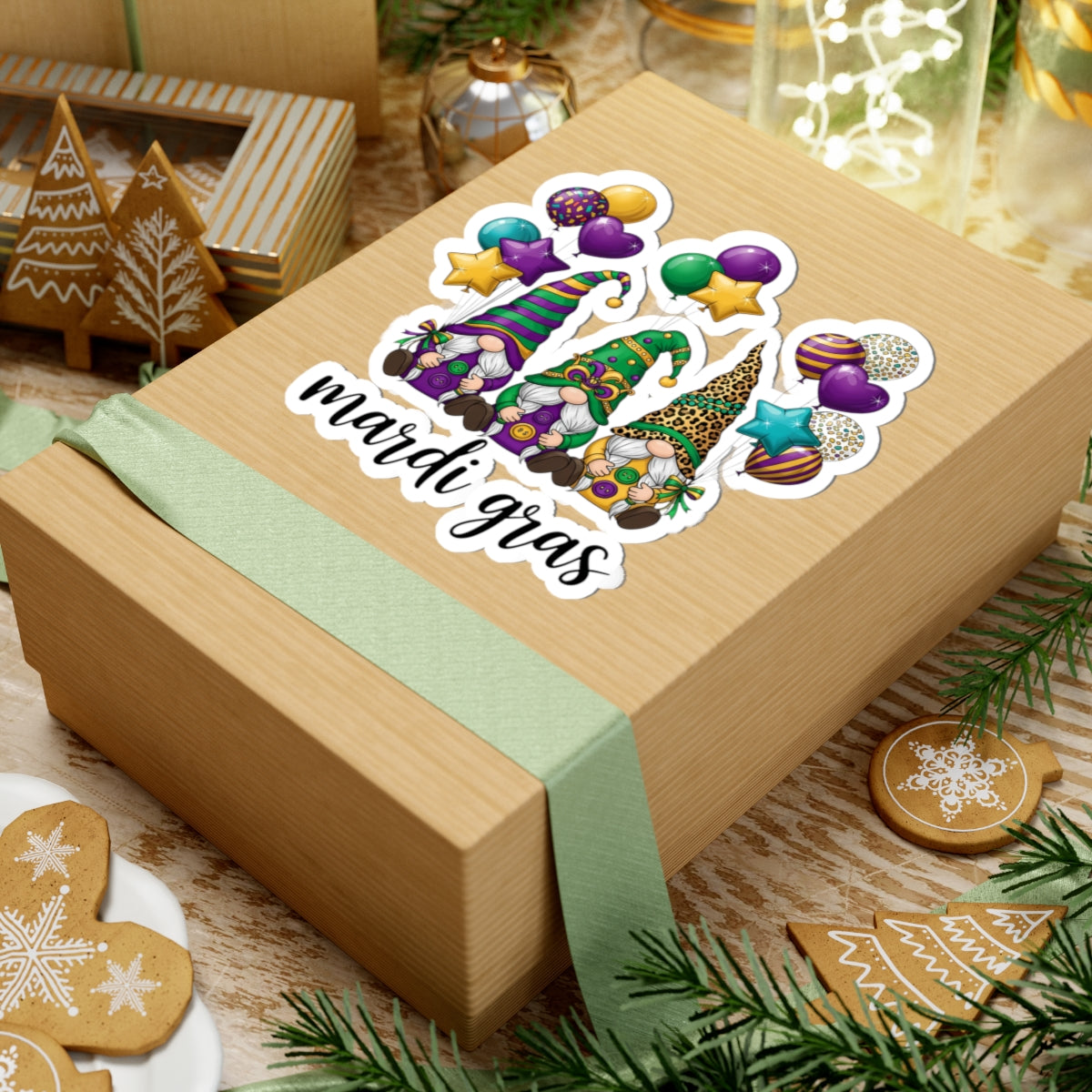 Mardi Gras Throuple Gnomes Kiss-Cut Sticker | Polyamory ENM Pride Vinyl Decal | Chosen Family Gnome Sticker | Mardi Gras Laptop Sticker