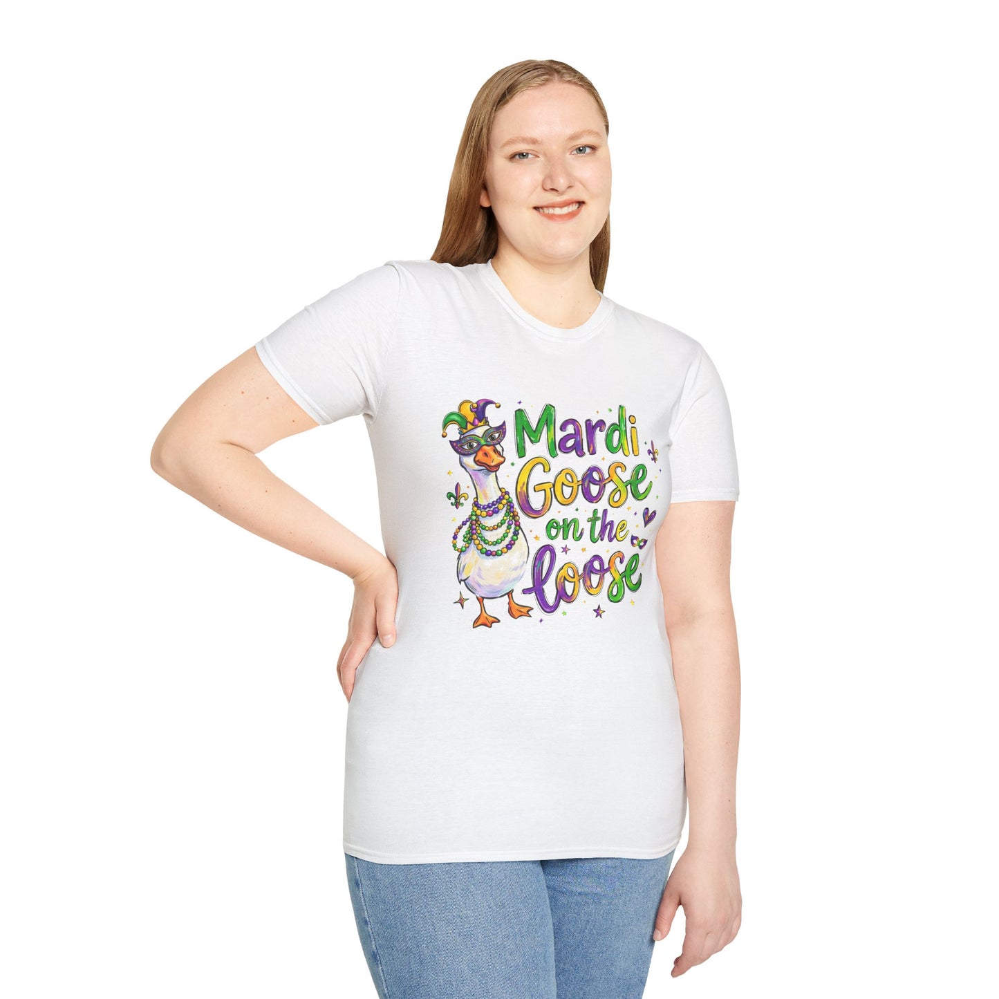 Mardi Goose on the Loose Shirt – Funny Mardi Gras Goose T-Shirt, Polyamory ENM Non-Monogamy Carnival Tee, Unisex Gildan 64000