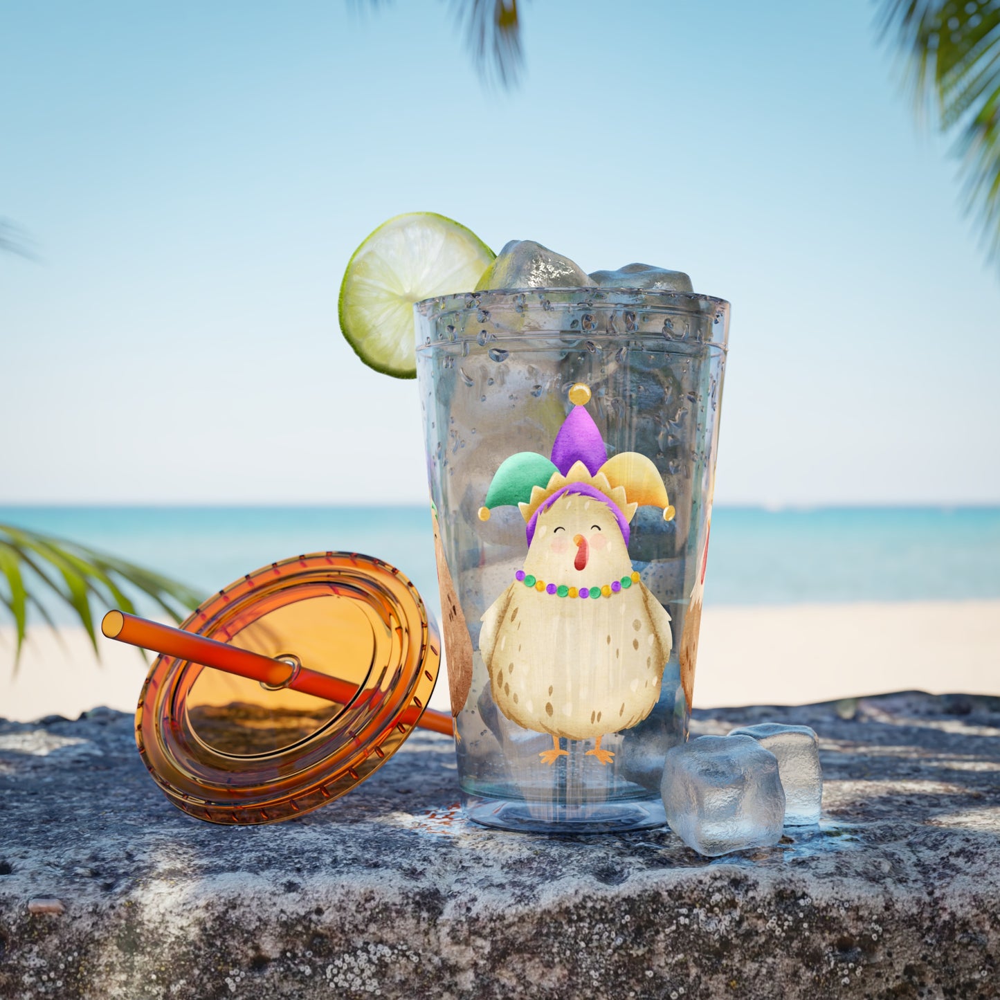 Mardi Gras Chicken 16oz Sunsplash Tumbler | Funny Farm Chicken Drink Cup | Cajun Mardi Gras Drinkware | Colorful Chicken Lover Gift | Farmhouse Humor Tumbler