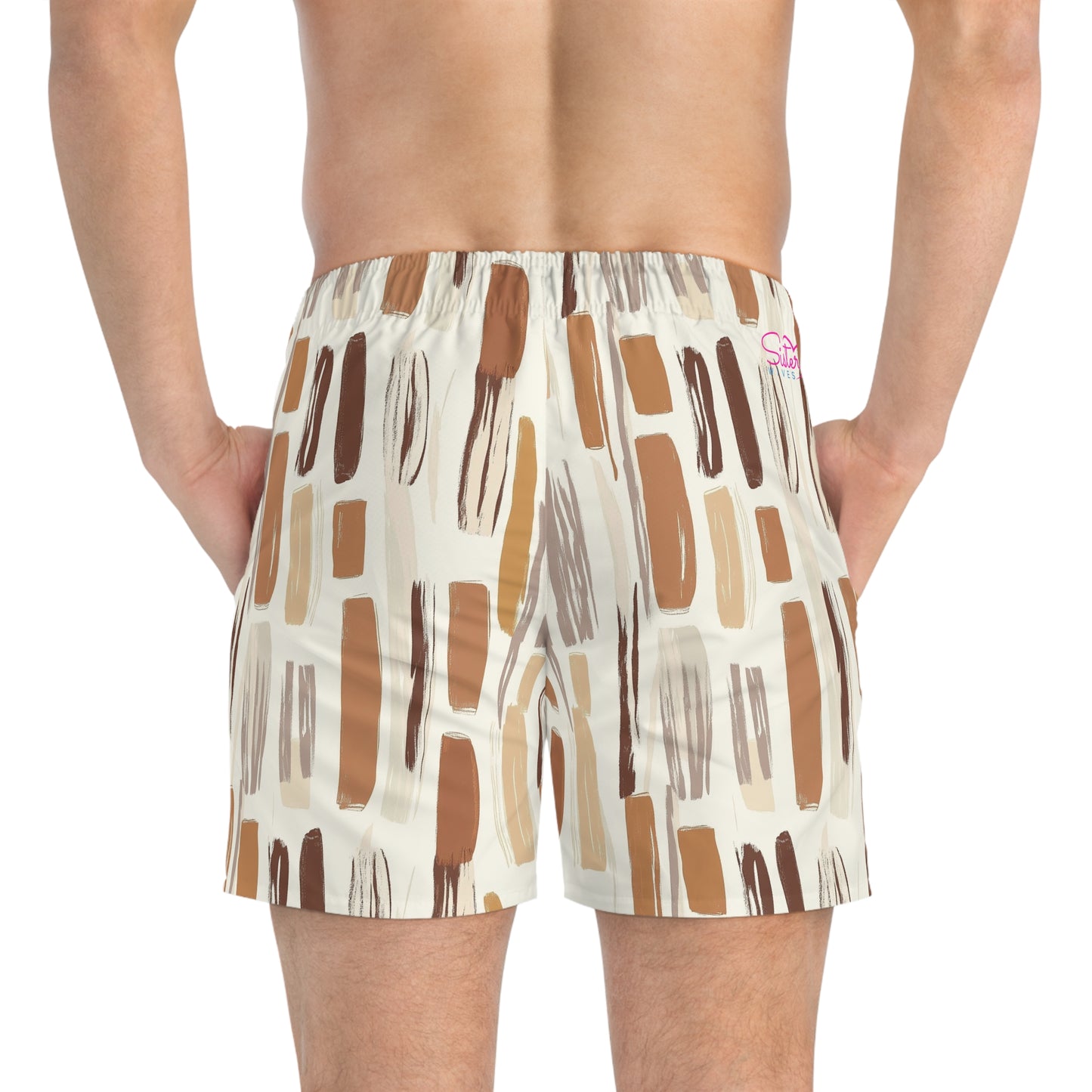 Men’s Boho Abstract Swim Trunks – Neutral Earth Tone Boardshorts | Modern Minimalist Swimwear | Fast-Dry Men’s Swim Shorts