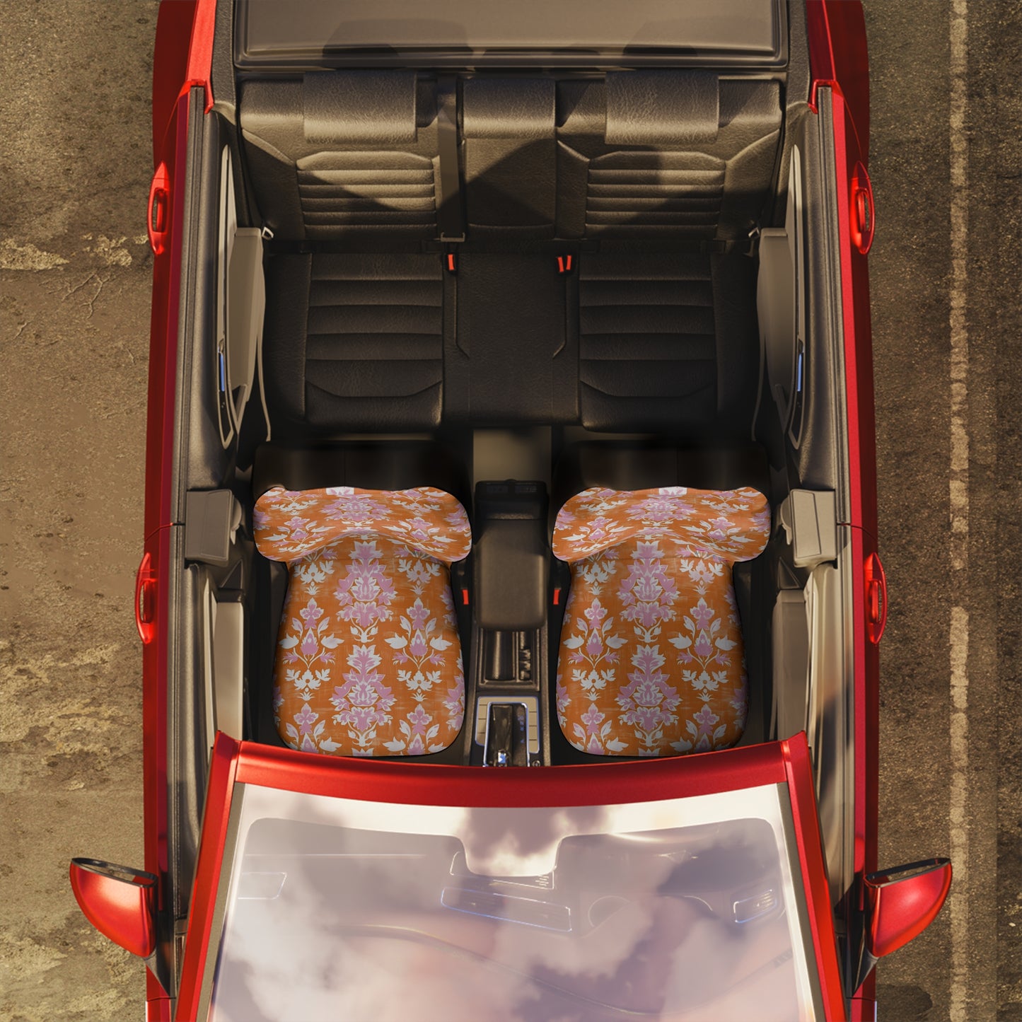 Orange Boho Floral Car Seat Covers – Retro Aesthetic Auto Decor | Polyamory & ENM Friendly
