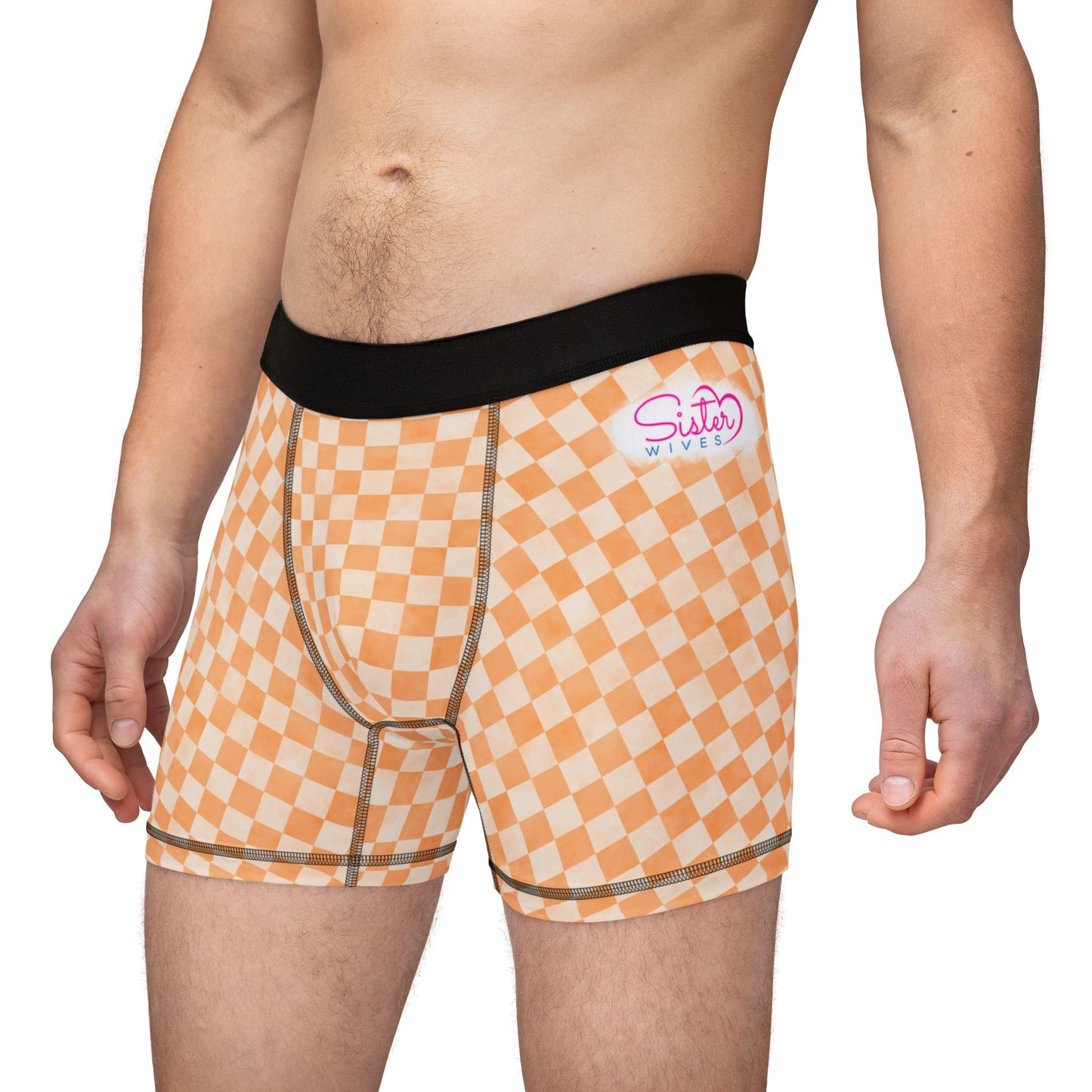 Orange Checker Men’s Boxer Briefs | Aesthetic Stretch Underwear | ENM & Polyamory Friendly Loungewear