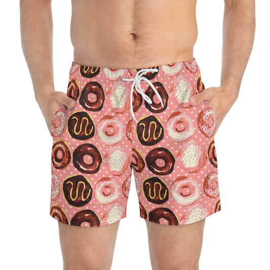Pink Donut Swim Trunks for Men – Pink Fun Fast-Dry Board Shorts with Drawstring | XS–3XL Summer Swimwear