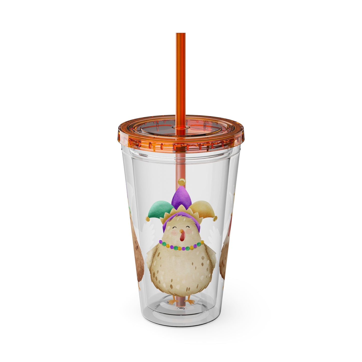Mardi Gras Chicken 16oz Sunsplash Tumbler | Funny Farm Chicken Drink Cup | Cajun Mardi Gras Drinkware | Colorful Chicken Lover Gift | Farmhouse Humor Tumbler