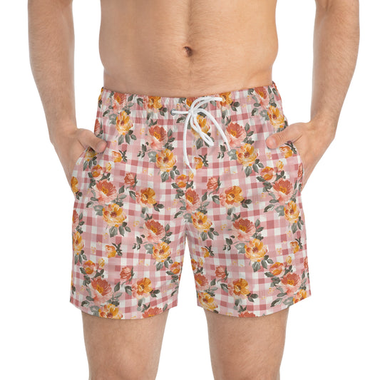 Pink Gingham Men’s Floral & Citrus Swim Trunks – Vintage Gingham Orange Blossom Swim Shorts, Retro Summer Beach Board Shorts, Fast-Dry