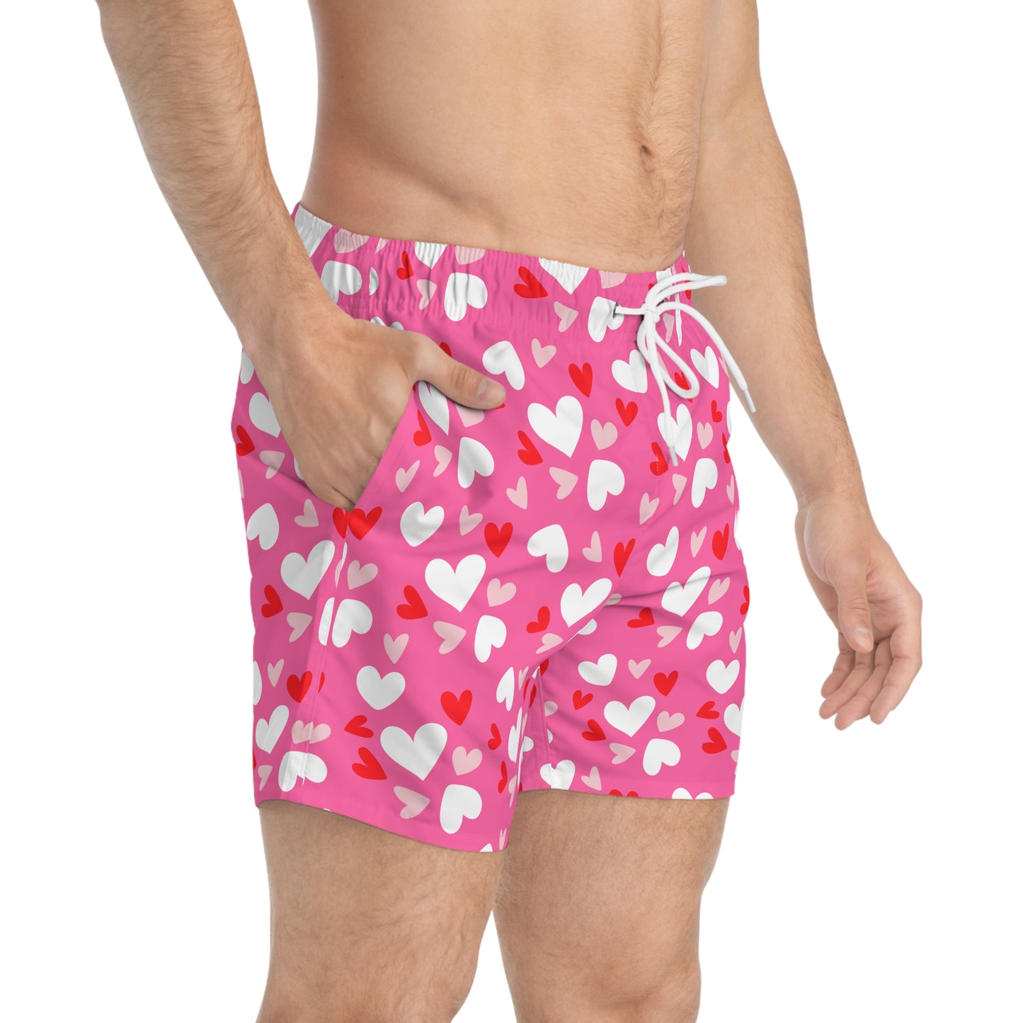 Men’s Valentine’s Heart Swim Trunks – Red Heart Print Board Shorts, Polyamory & ENM Friendly Swimwear, Fast-Dry Summer Shorts