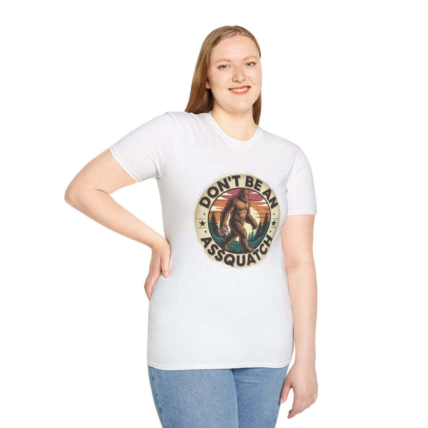 Don’t Be an Assquatch Shirt – Funny Bigfoot Graphic Tee, Sarcastic Sasquatch Shirt, Poly-Friendly ENM Unisex Gildan 64000