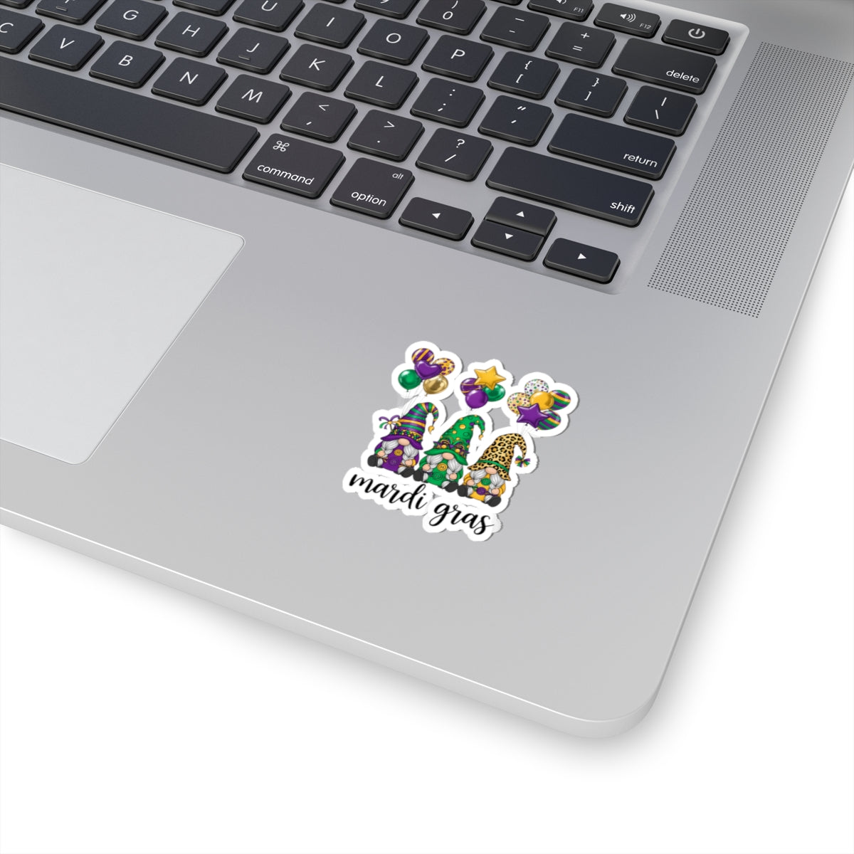 Mardi Gras Throuple Gnomes Kiss-Cut Sticker | Polyamory ENM Pride Vinyl Decal | Chosen Family Gnome Sticker | Mardi Gras Laptop Sticker