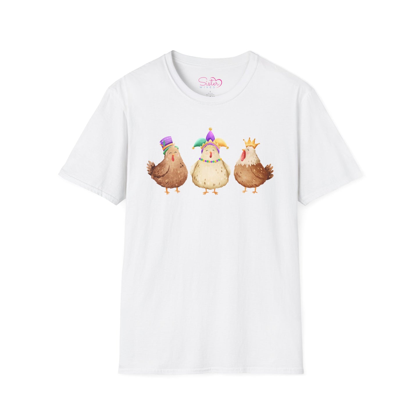 Throuple Chicken T-Shirt | Polyamory ENM Pride Tee | Cute Mardi Gras Chickens Graphic Shirt | Chosen Family Swinger Lifestyle Apparel