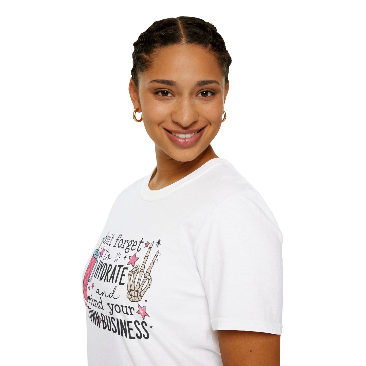 Hydrate and Mind Your Own Business Shirt Funny Self Care Tee, Sassy Wellness Graphic Shirt, Poly-Friendly ENM Unisex Gildan 64000