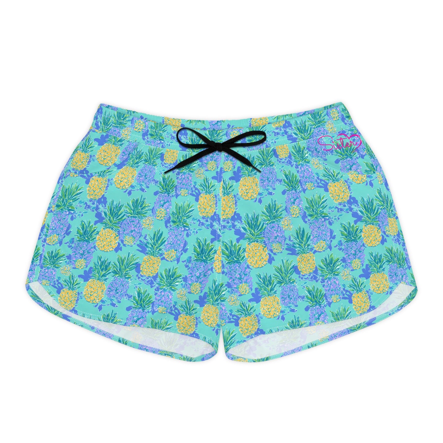 Blue Costal Pineapple Sisterwives Floral Women's Casual Shorts, Summer Beachwear, Vacation Shorts, Cute Lounge Shorts, Pineapple Print Shorts