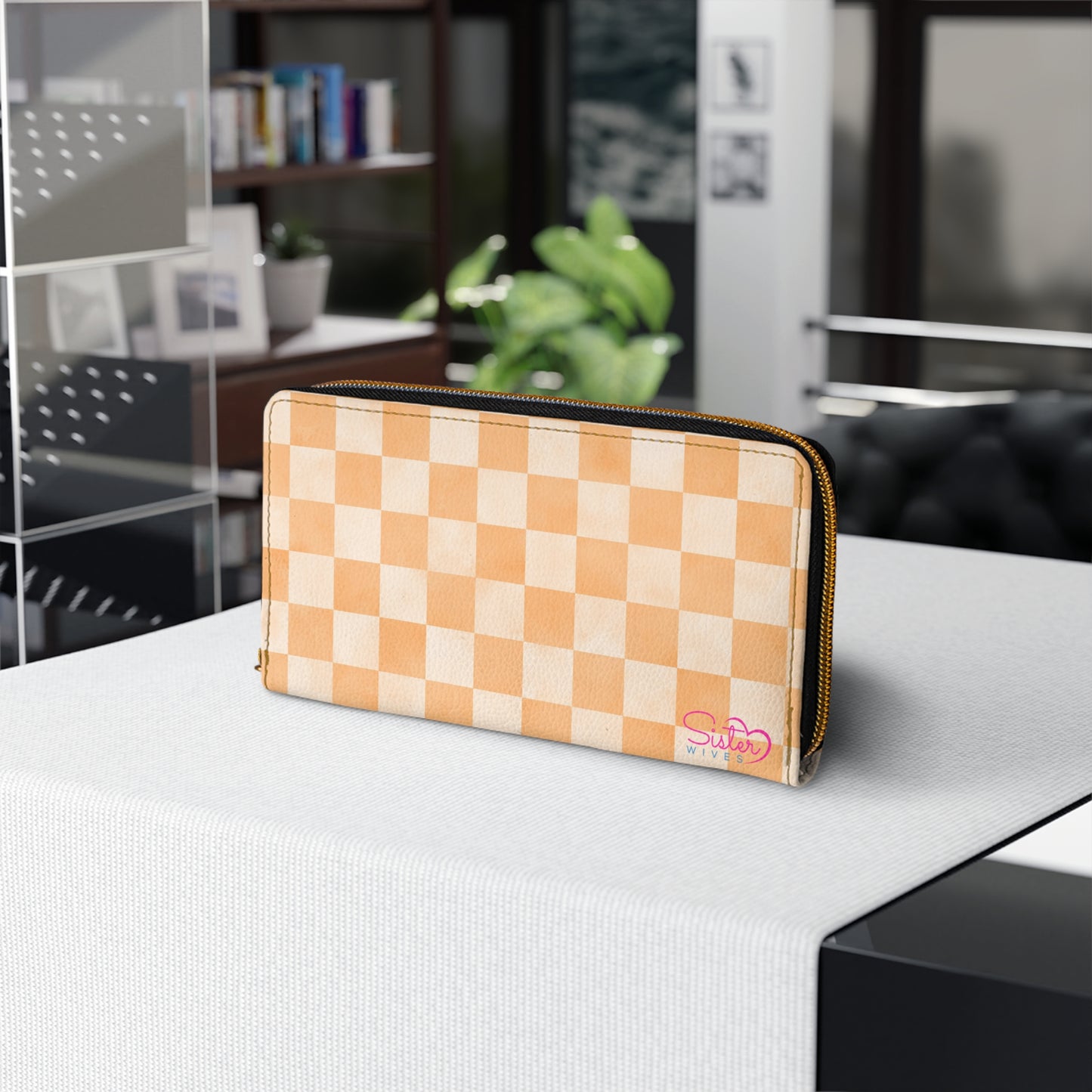 Checkered Orange Zipper Wallet | Polyamory Friendly Accessory | ENM Lifestyle Wallet | Inclusive Chosen Family Gift | Colorful Retro Checker Wallet