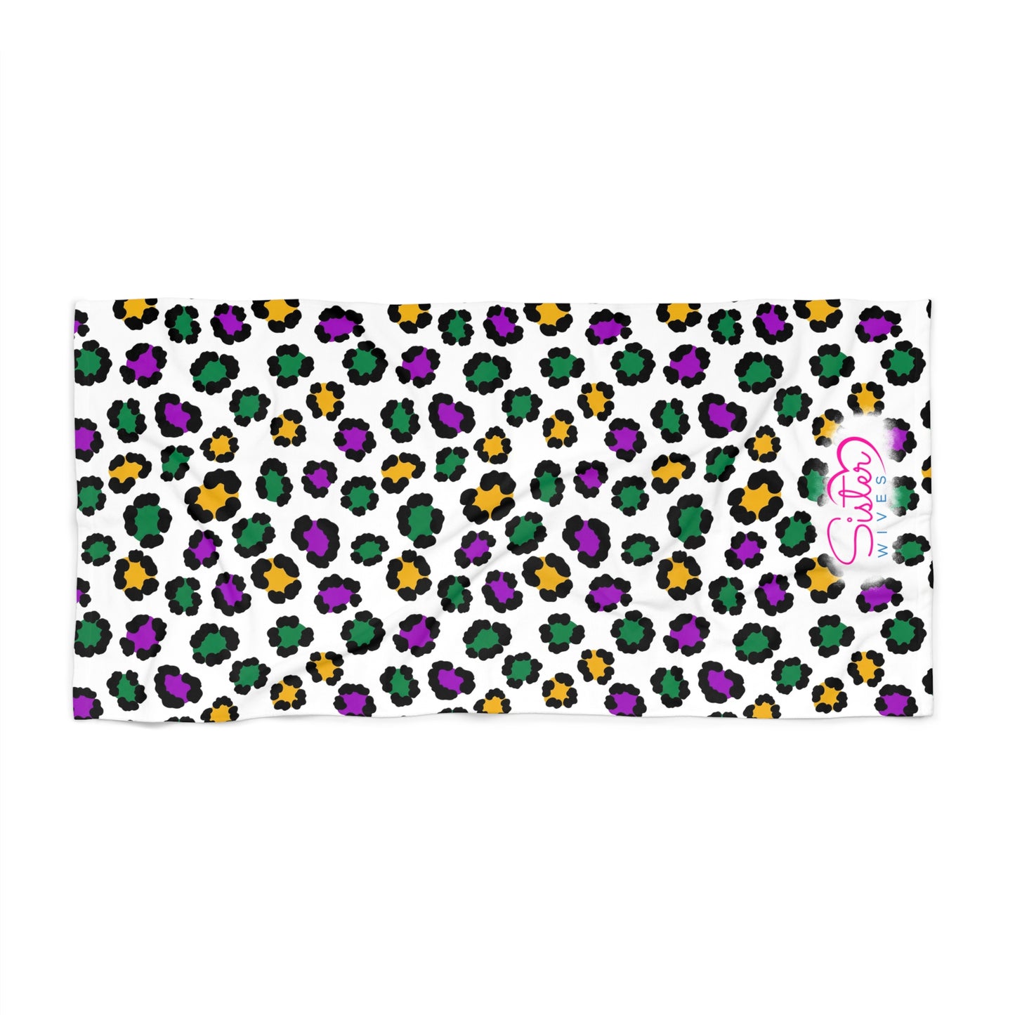 Mardi Gras Cheetah Print Beach Towel | Polyamory ENM Friendly | Matching Couple & Throuple Towel | Festival Cruise Pool & Resort Towel