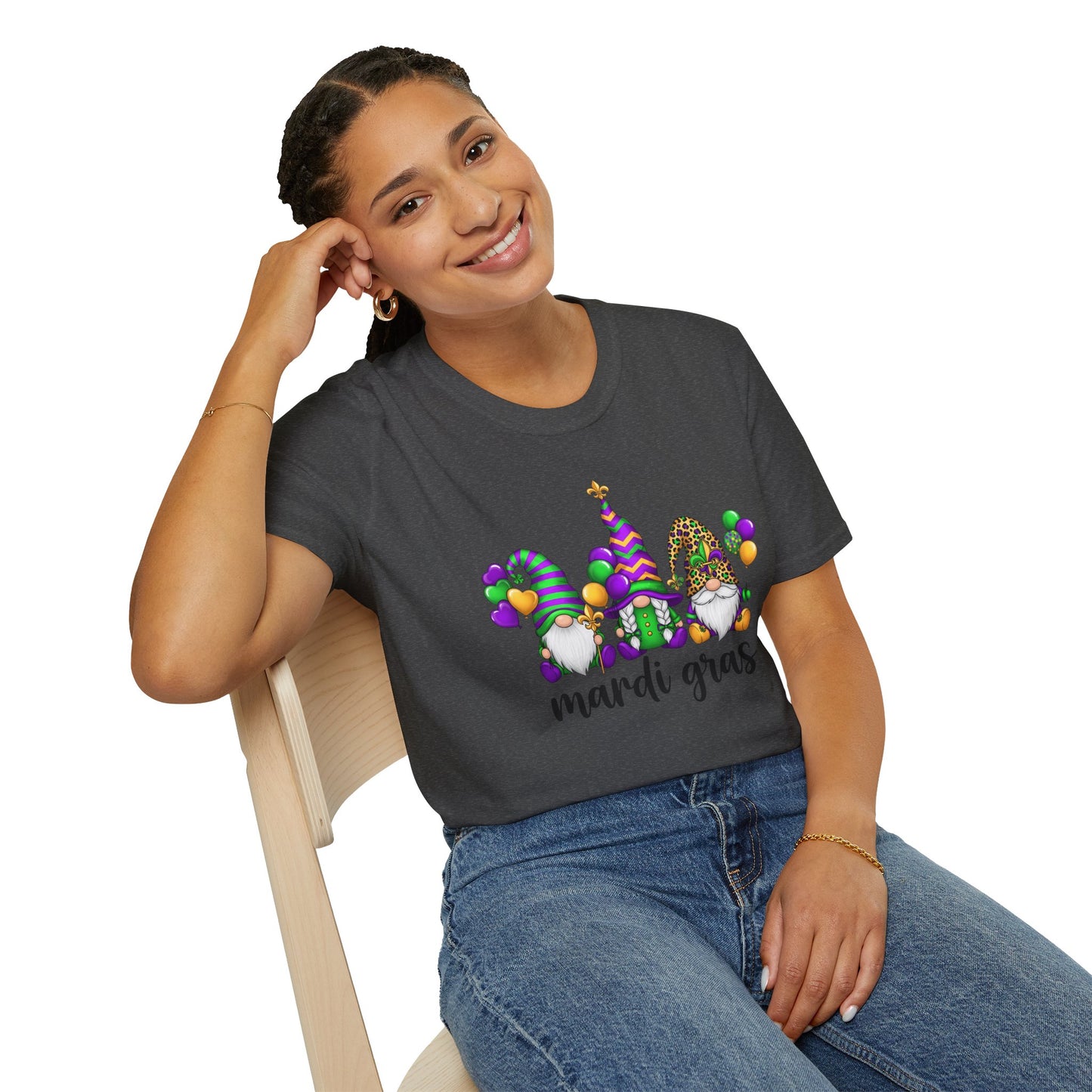 Mardi Gras Throuple Gnome T-Shirt | Polyamory ENM Pride Tee | Festive Gnome Graphic Shirt | Chosen Family Swinger Lifestyle Apparel
