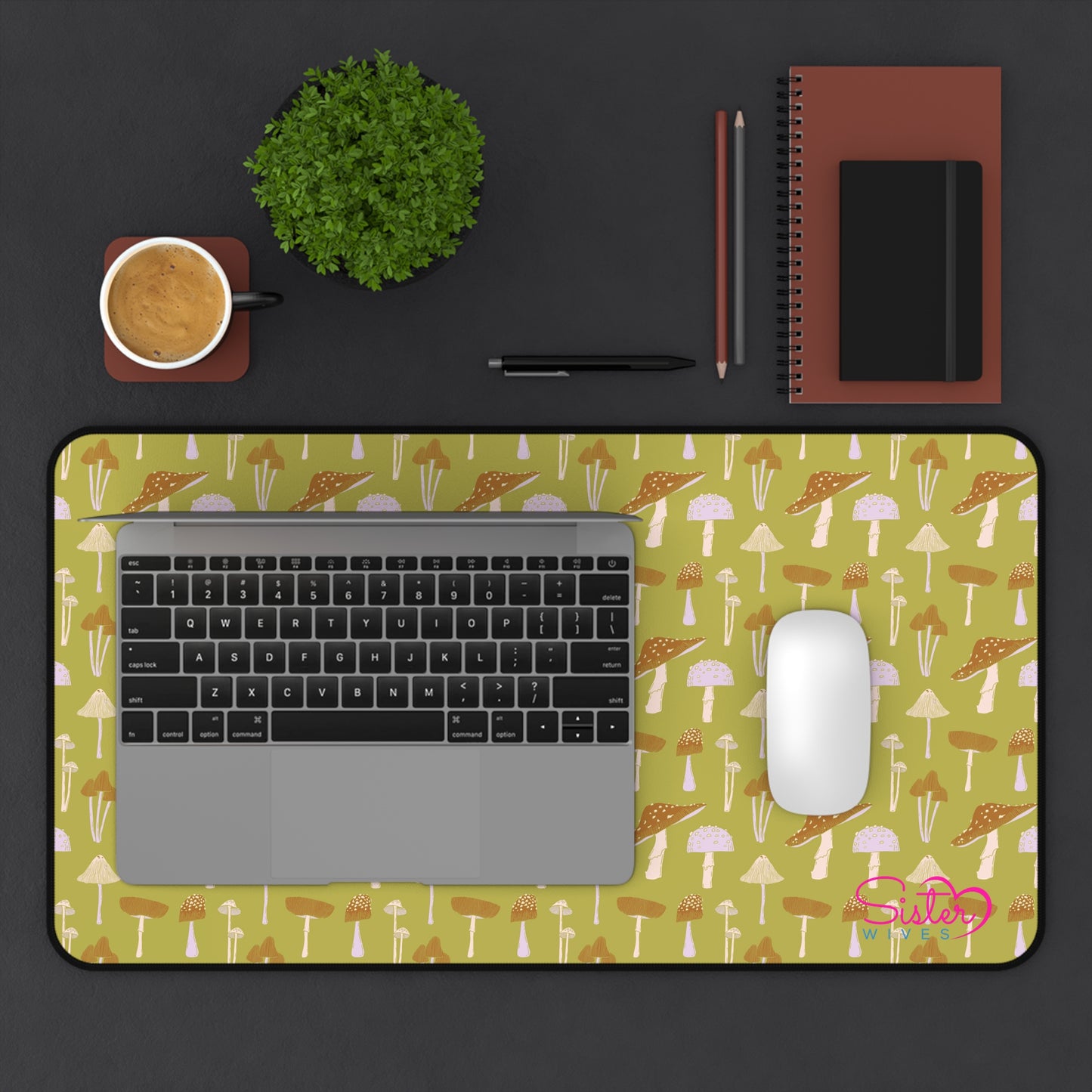 Sage Mushroom Desk Mat – Aesthetic Office Mouse Pad, Neoprene Extended Desk Mat, Polyamory Friendly Workspace Decor, Love-Positive Home Office Accessory