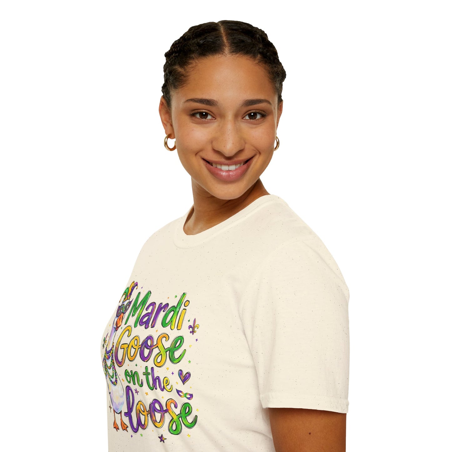 Mardi Goose on the Loose Shirt – Funny Mardi Gras Goose T-Shirt, Polyamory ENM Non-Monogamy Carnival Tee, Unisex Gildan 64000