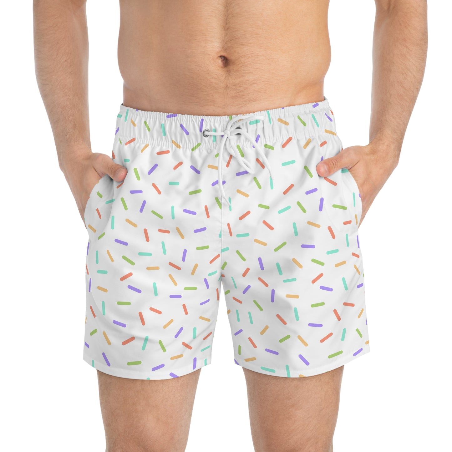 Men’s Rainbow Sprinkle Swim Trunks – Pastel Confetti Summer Swim Shorts, Fun Pool & Beach Board Shorts, Fast-Dry AOP Trunks
