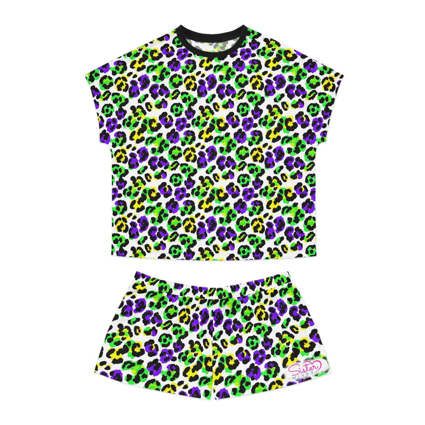 Mardi Gras Leopard Print Pajama Set – Animal Print Short Sleeve Sleepwear, Polyamory Friendly ENM Lounge Set, Bold Festival Pajamas