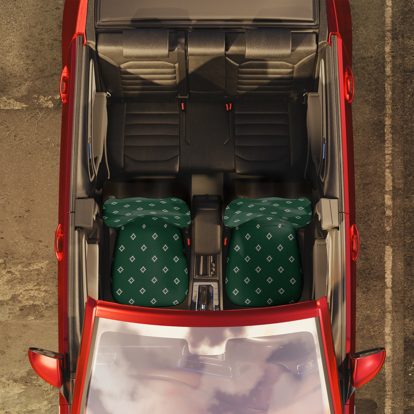 Green Geometric Car Seat Covers | Boho Southwest Auto Decor | Diamond Pattern Seat Covers | Polyamory & ENM Friendly