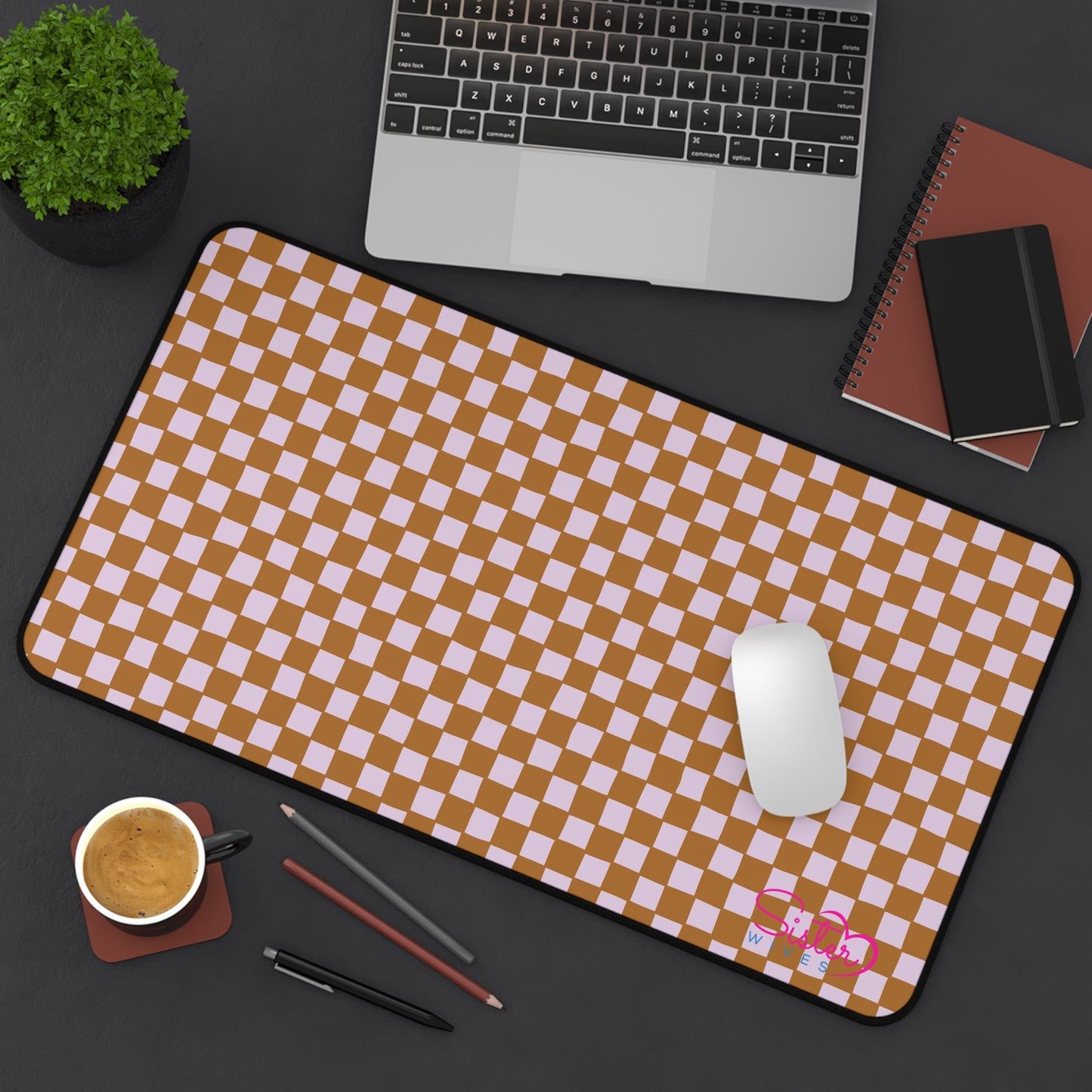 Brown Checkered Desk Mat – Retro Checkerboard Mouse Pad, Neoprene Extended Desk Mat, Polyamory Friendly Office Decor, Love-Positive Workspace Accessory