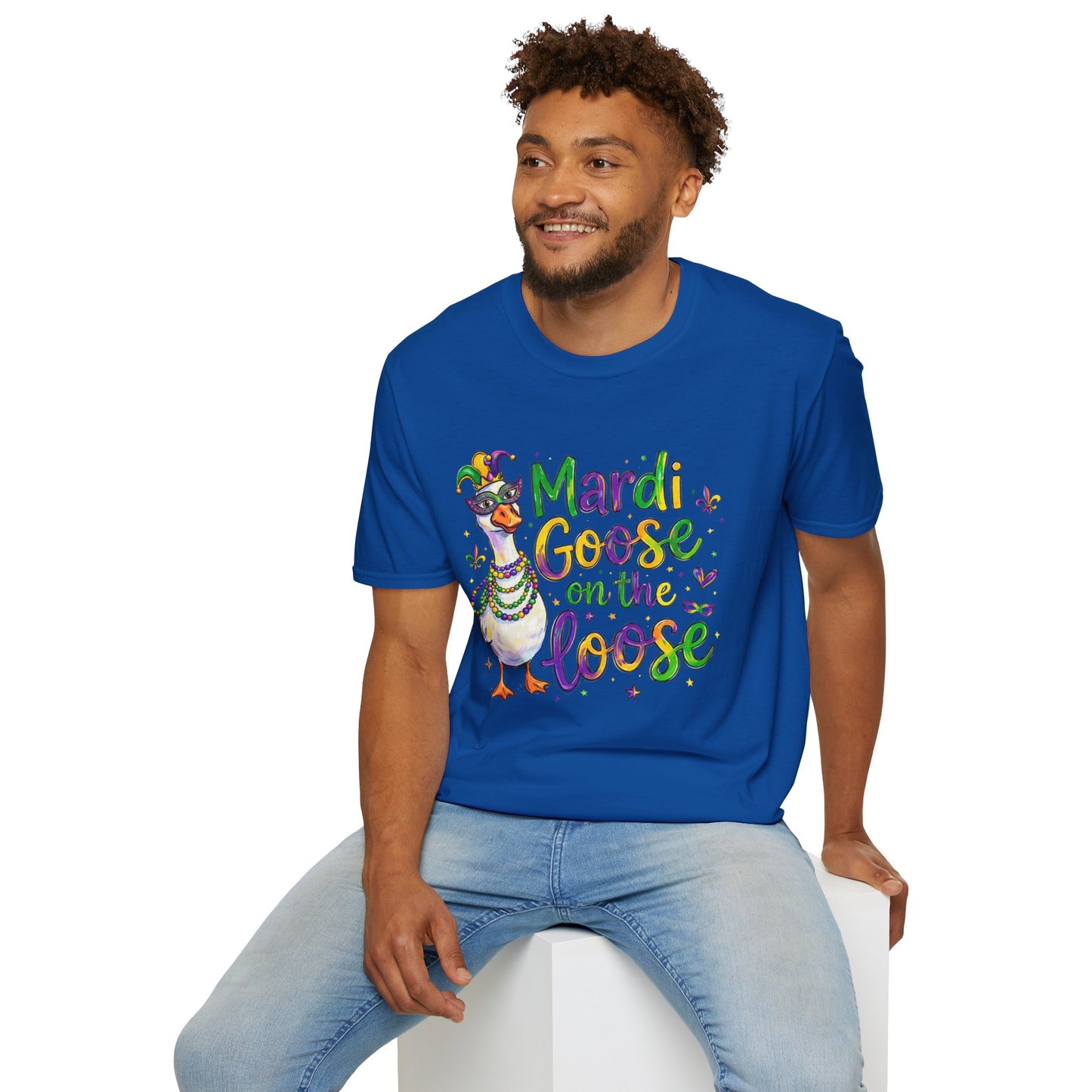 Mardi Goose on the Loose Shirt – Funny Mardi Gras Goose T-Shirt, Polyamory ENM Non-Monogamy Carnival Tee, Unisex Gildan 64000