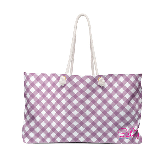 Lavender Gingham Weekender Tote Bag | Soft Pink Aesthetic Travel Bag | Sisterwives Polyamory Overnight Tote | Ethical Non-Monogamy Gift