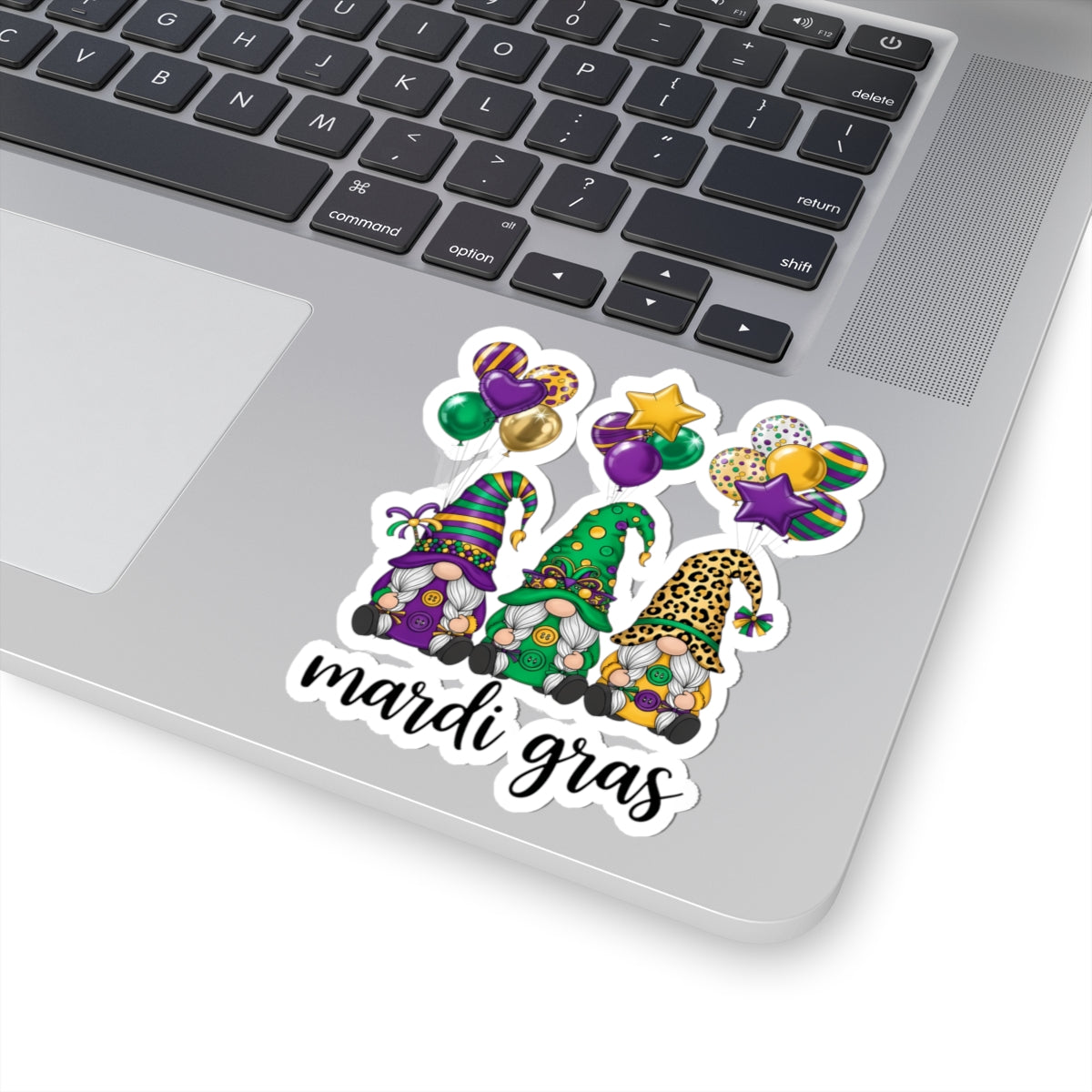 Mardi Gras Throuple Gnomes Kiss-Cut Sticker | Polyamory ENM Pride Vinyl Decal | Chosen Family Gnome Sticker | Mardi Gras Laptop Sticker