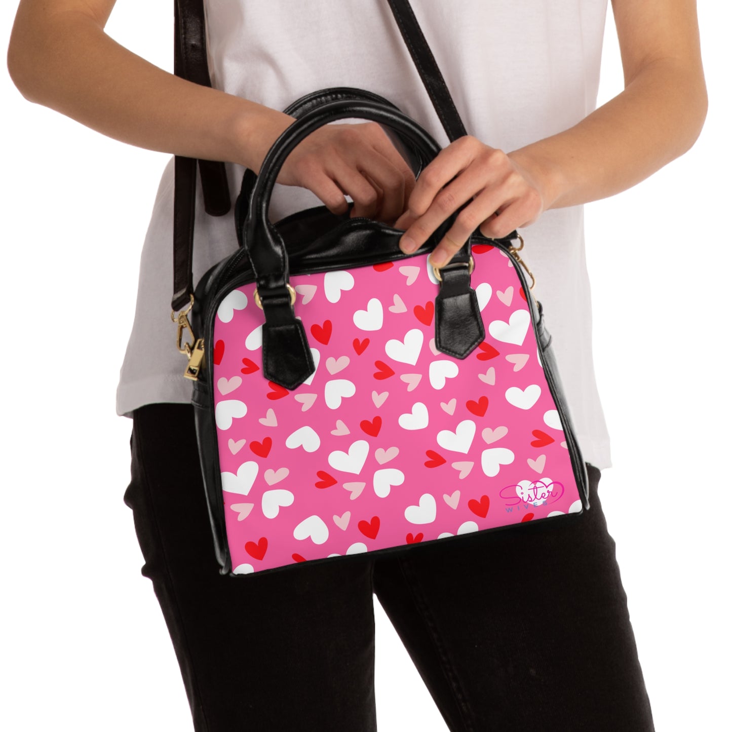 Pink Valentine’s Heart Print Shoulder Handbag – Love-Themed PU Leather Purse, Polyamory & ENM Friendly Gift, Swinger Lifestyle Fashion Bag