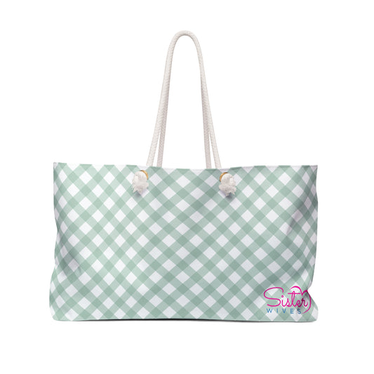 Sage Gingham Weekender Tote Bag | Soft Green Aesthetic Travel Bag | Sisterwives Polyamory Overnight Tote | Ethical Non-Monogamy Gift