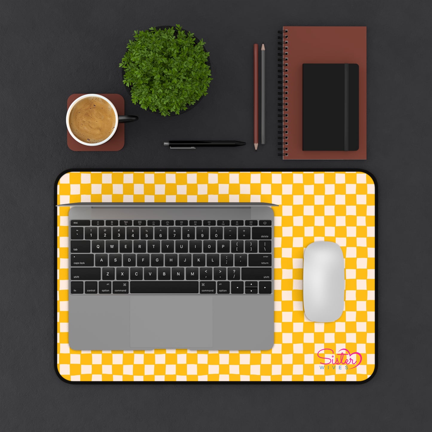 Yellow Checkered Desk Mat – Retro Checkerboard Mouse Pad, Neoprene Extended Desk Mat, Polyamory Friendly Office Decor, Love-Positive Workspace Accessory