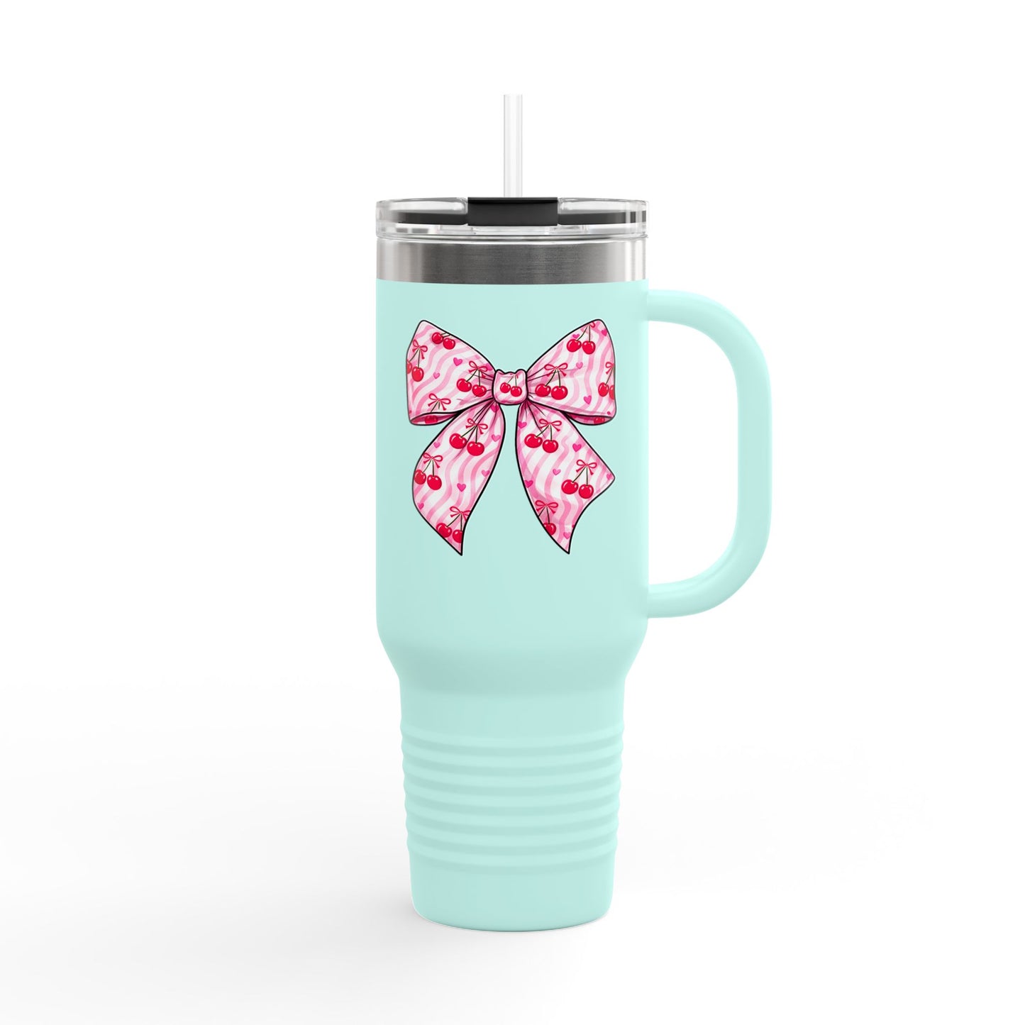 Pink Bow 40oz Insulated Travel Mug – Coquette Aesthetic Stainless Steel Tumbler with Straw | Cute Feminine BPA-Free Cup