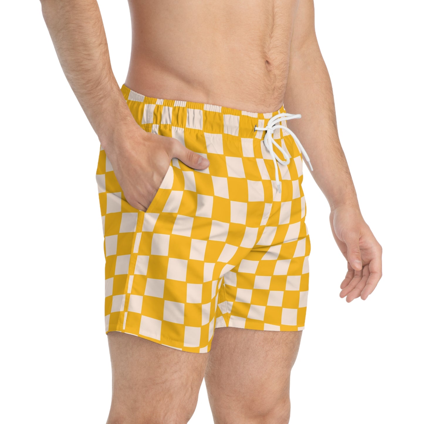 Yellow Checkered Swim Trunks for Men – Retro Fast-Dry Board Shorts with Drawstring | XS–3XL Summer Swimwear