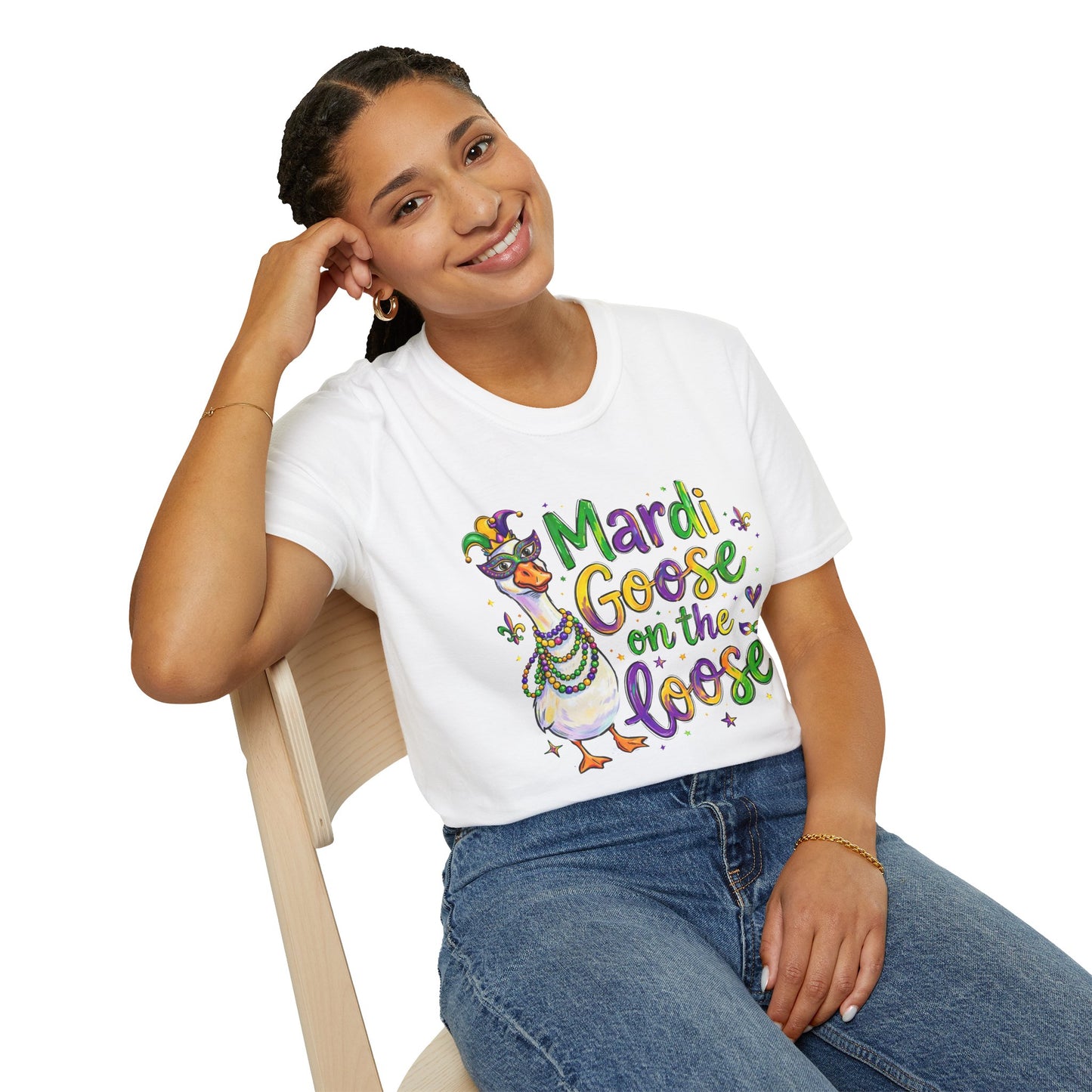 Mardi Goose on the Loose Shirt – Funny Mardi Gras Goose T-Shirt, Polyamory ENM Non-Monogamy Carnival Tee, Unisex Gildan 64000