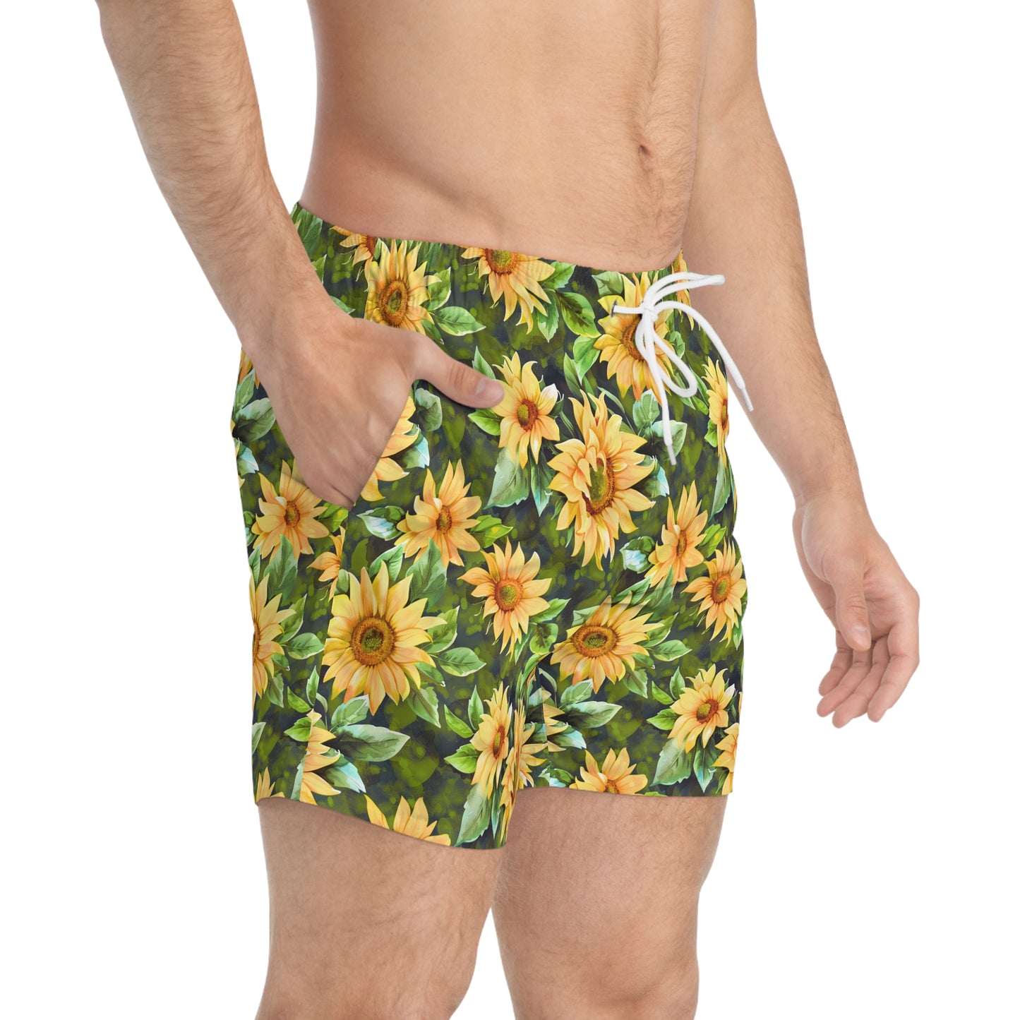 Men’s Sunflower & Daisy Swim Trunks – Bright Floral Summer Swim Shorts, ENM Polyamory Friendly Beach Board Shorts, Fast-Dry