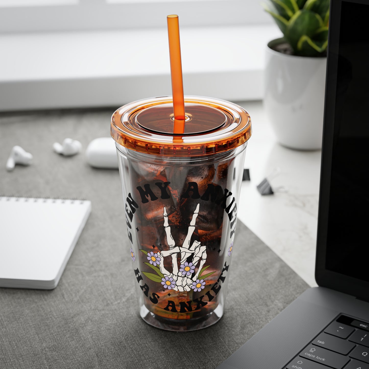 Even My Anxiety Has Anxiety” Skeleton Peace Sign 16oz Sunsplash Tumbler | Dark Humor Mental Health Cup | Goth Aesthetic Drinkware | Spooky Skeleton Cup | Anxiety Humor Gift