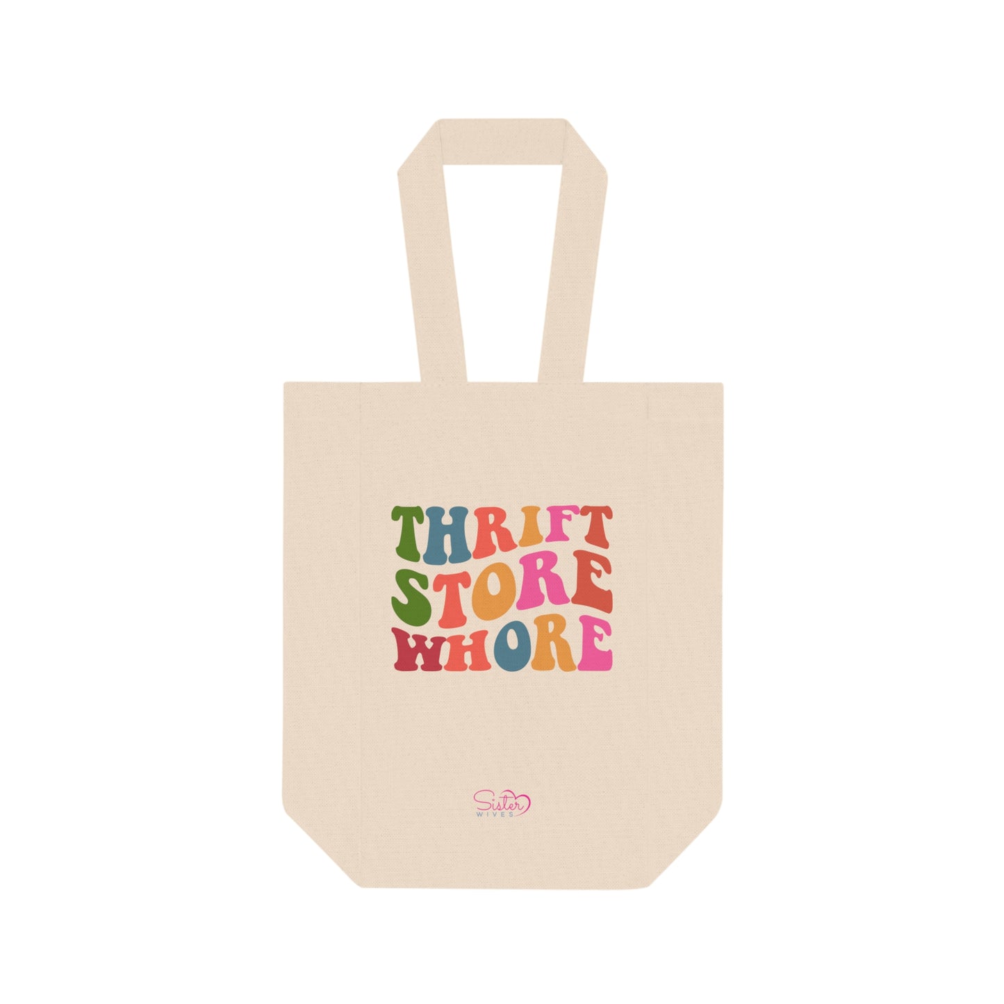 Thrift Store Whore Double Wine Tote Bag – Funny Retro ENM Wine Carrier | Polyamory Date Night Wine Tote | 2 Bottle Canvas Wine Bag