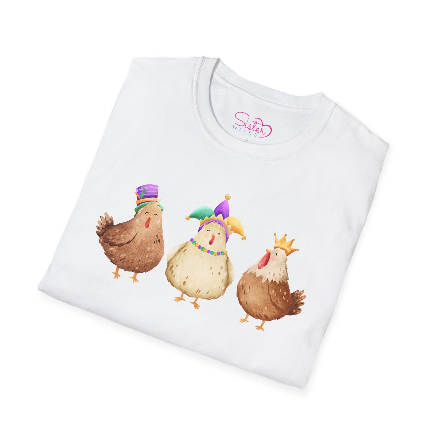 Throuple Chicken T-Shirt | Polyamory ENM Pride Tee | Cute Mardi Gras Chickens Graphic Shirt | Chosen Family Swinger Lifestyle Apparel