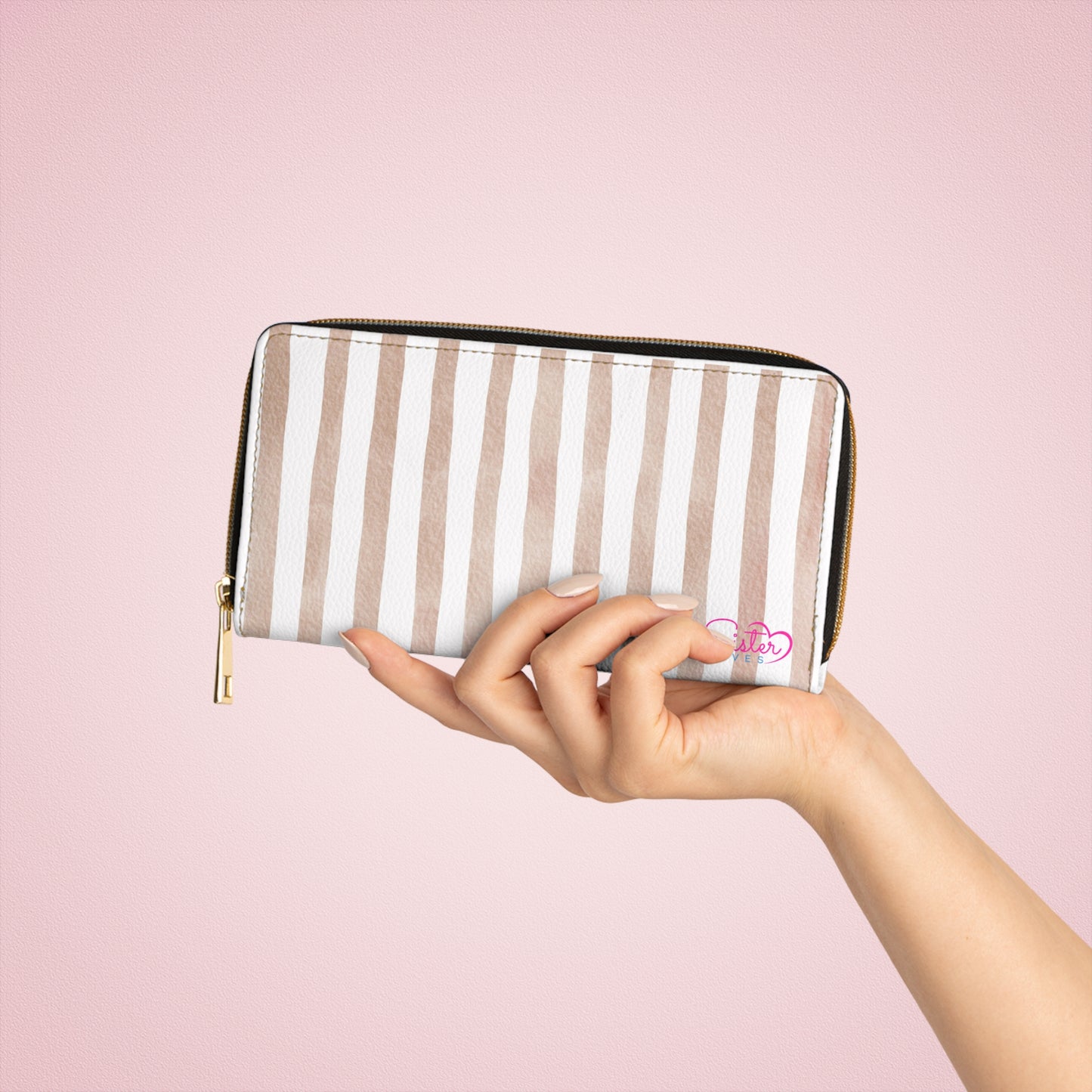 Stripe Zip Up Wallet – Polyamory Sisterwives ENM Friendly Wallet | Swinger Lifestyle Accessory | Minimalist Blush Stripe Zipper Wallet