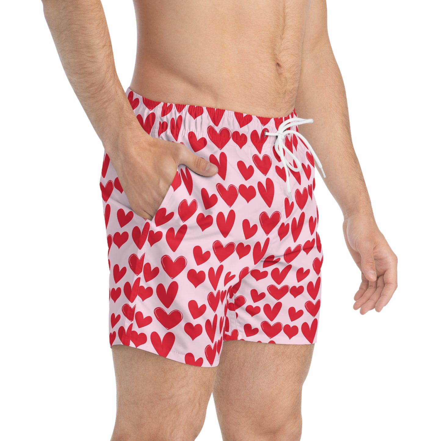 Men’s Valentine’s Heart Swim Trunks – Red Heart Print Board Shorts, Polyamory & ENM Friendly Swimwear, Fast-Dry Summer Shorts