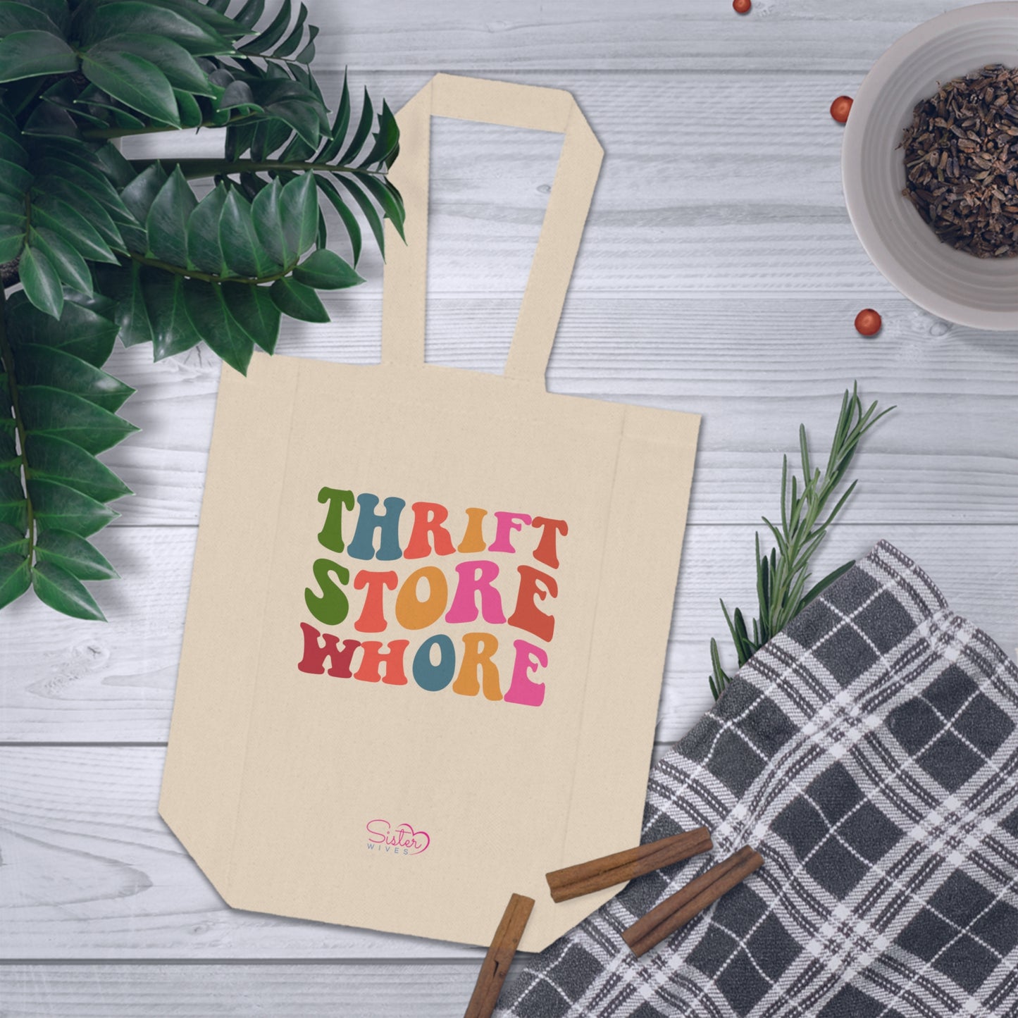Thrift Store Whore Double Wine Tote Bag – Funny Retro ENM Wine Carrier | Polyamory Date Night Wine Tote | 2 Bottle Canvas Wine Bag