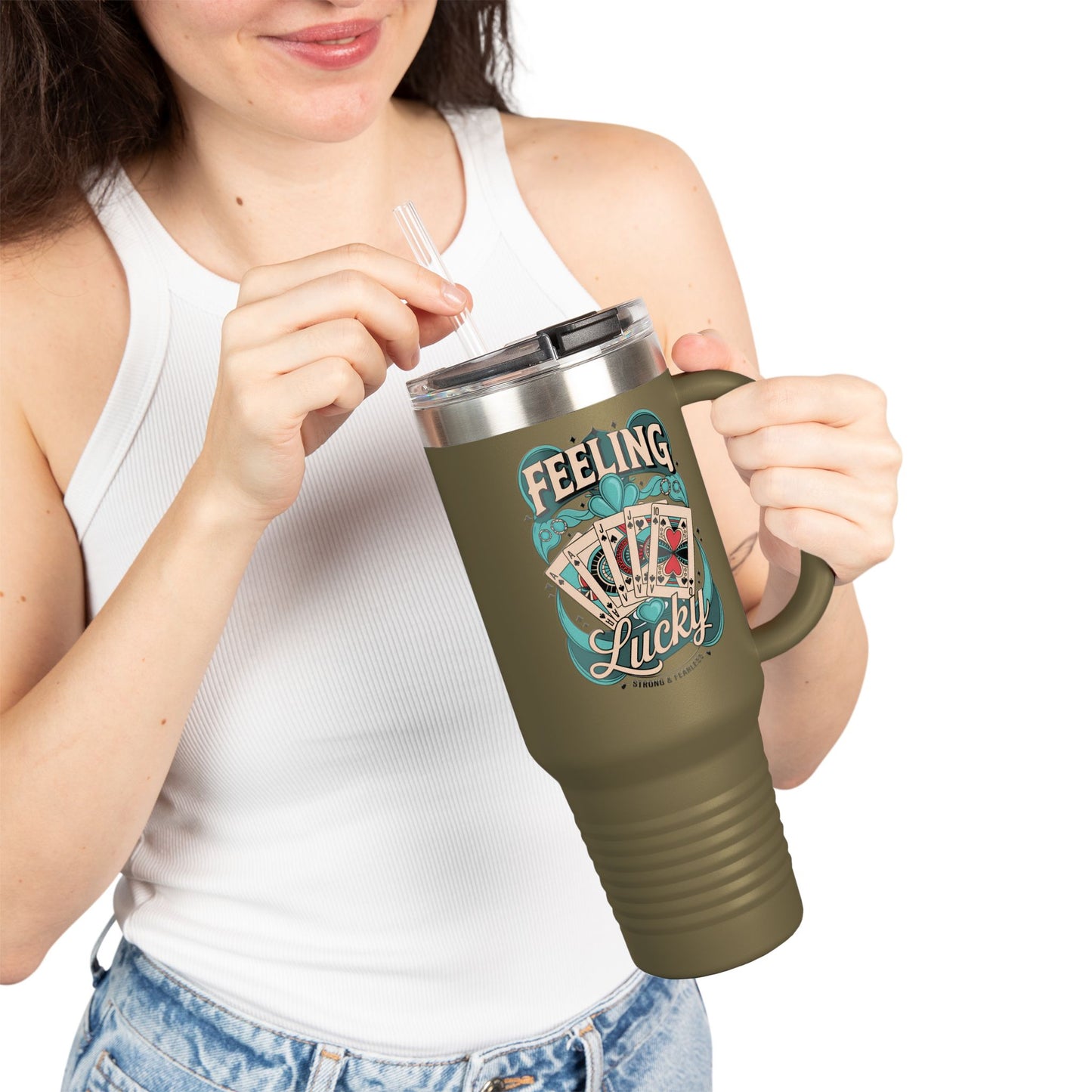 Feeling Lucky 40oz Insulated Travel Mug – Vintage Playing Card Lucky Charm Tumbler with Straw | Stainless Steel BPA-Free Cup